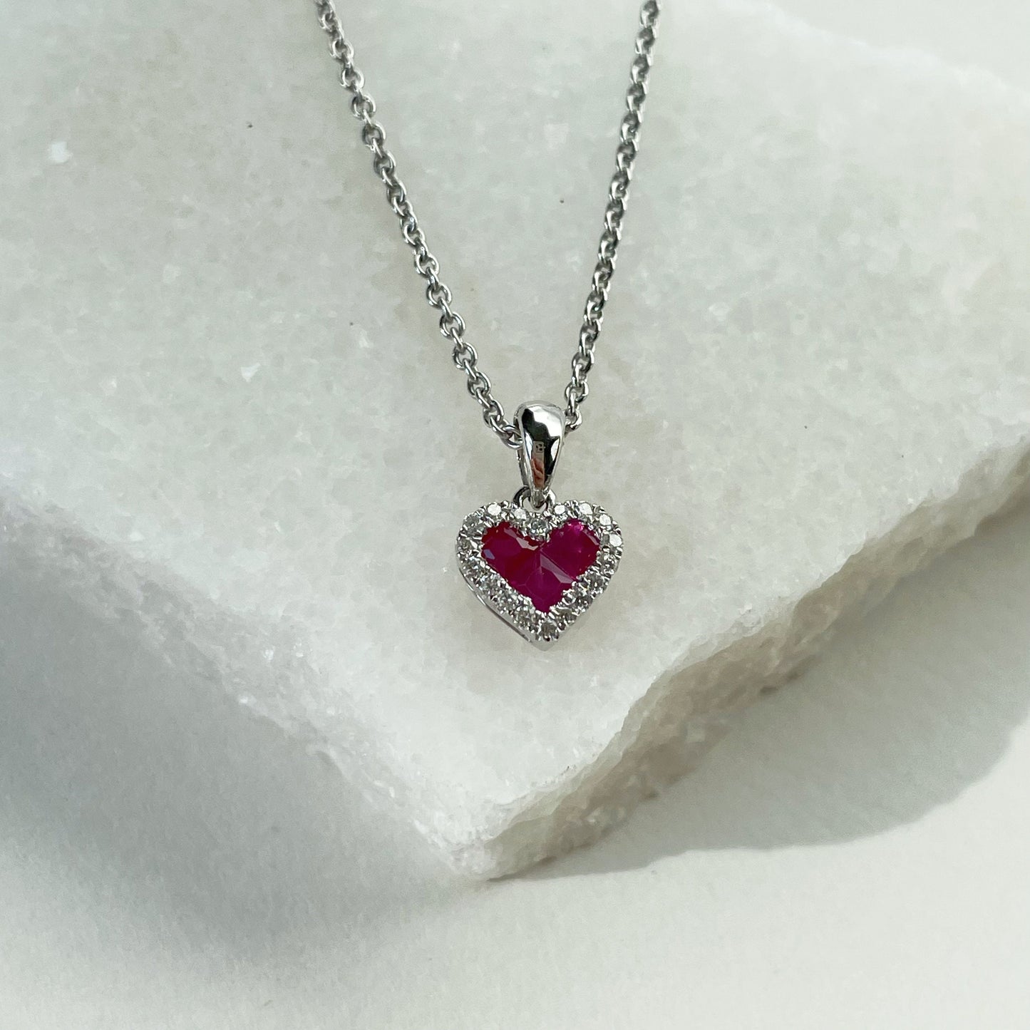 14K Solid Gold Genuine Diamond and Ruby Heart Pendant