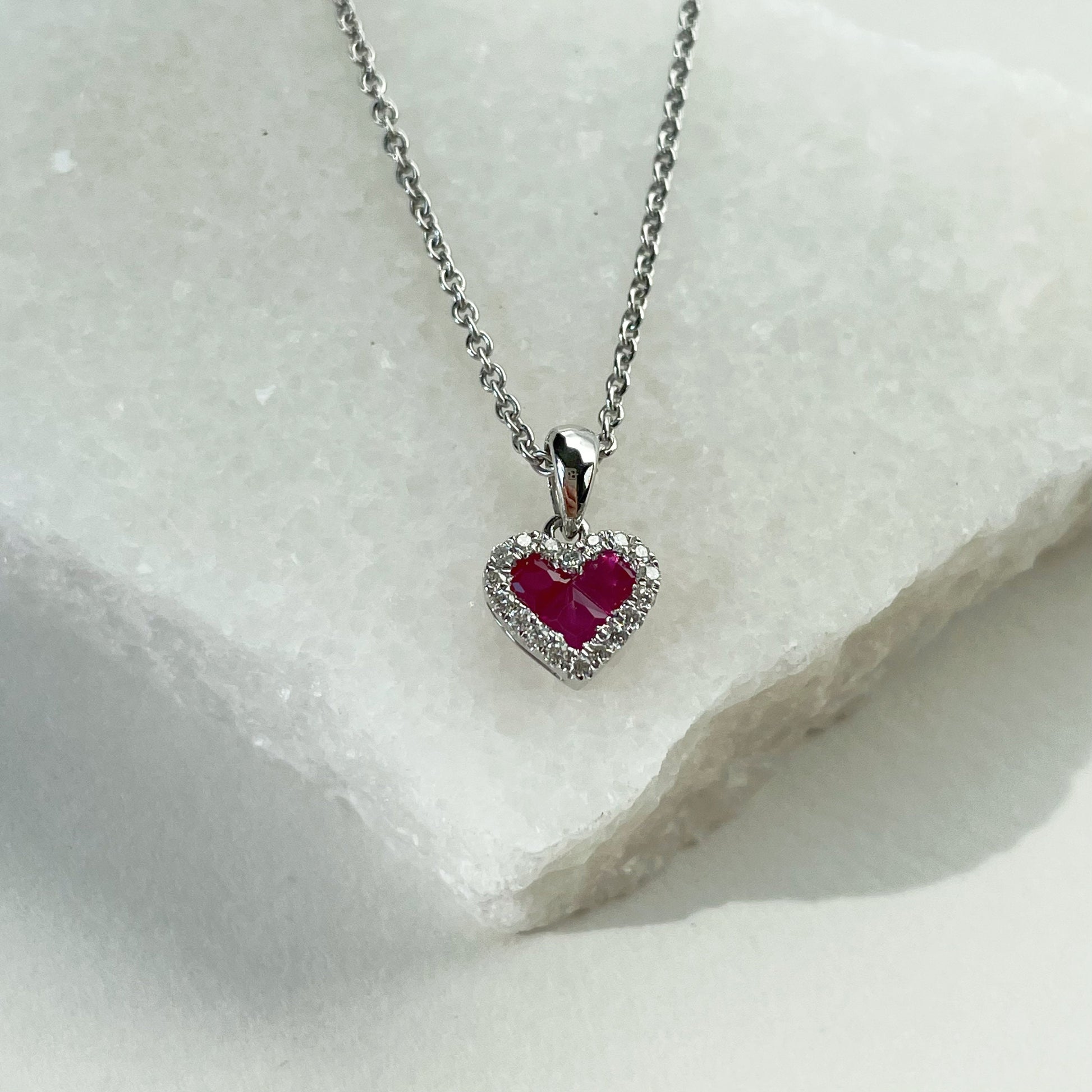 14K Solid Gold Genuine Diamond and Ruby Heart Pendant