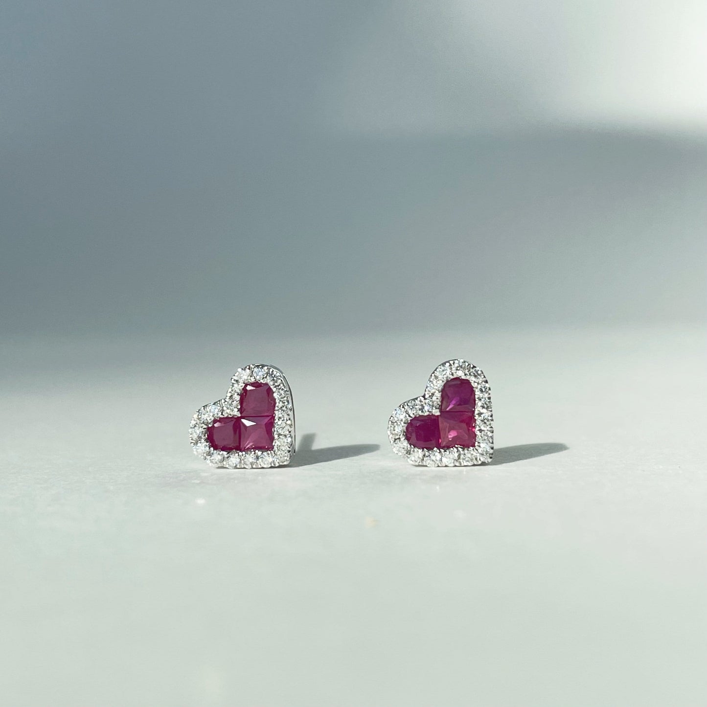 14K Solid Gold Diamond and Ruby Heart Studs