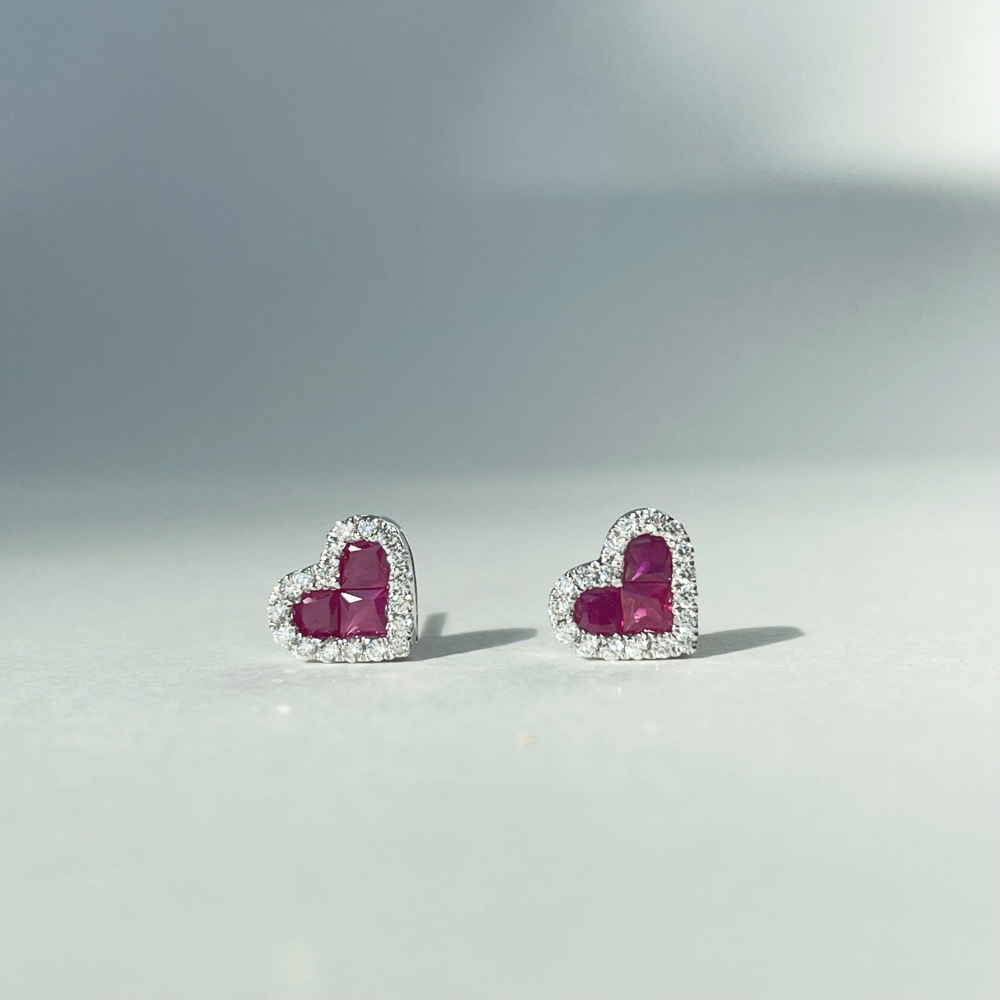 14K Solid Gold Diamond and Ruby Heart Studs