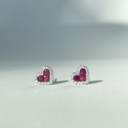 14K Solid Gold Diamond and Ruby Heart Studs