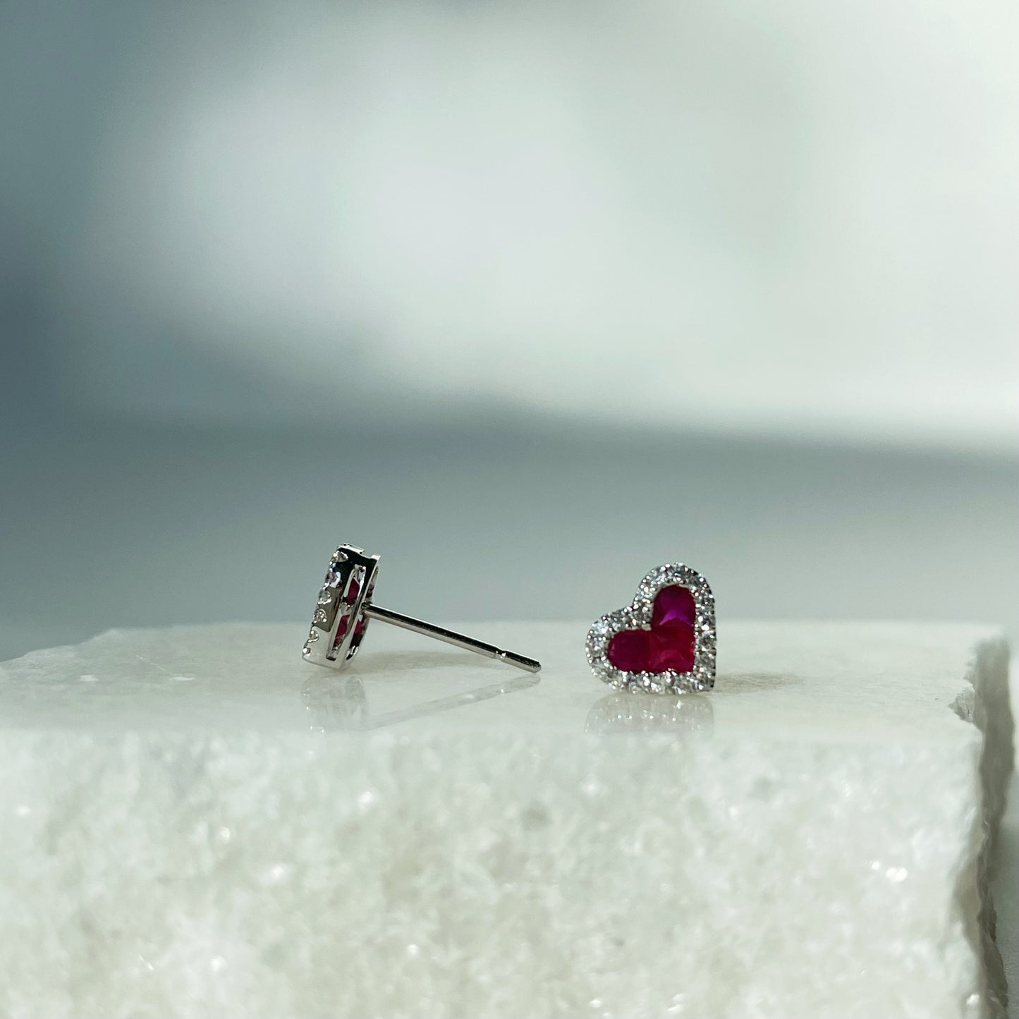 14K Solid Gold Diamond and Ruby Heart Studs