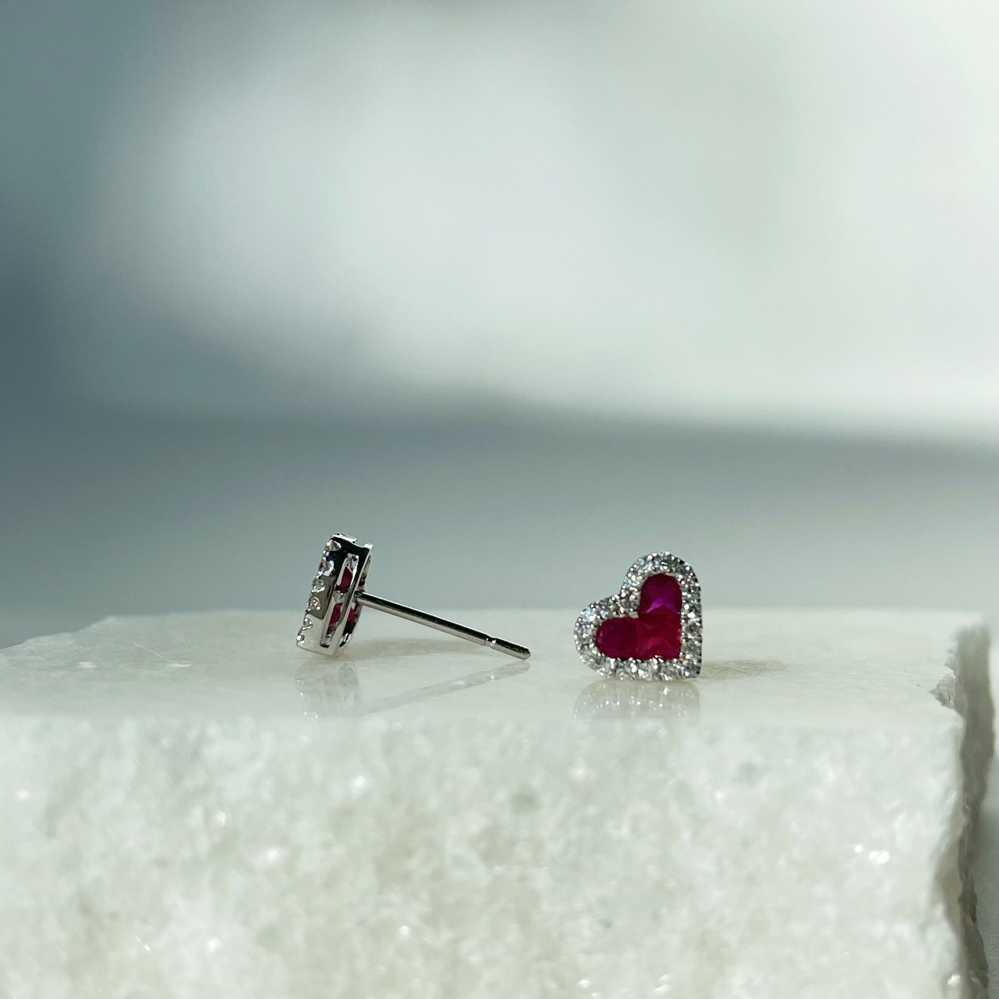 14K Solid Gold Diamond and Ruby Heart Studs