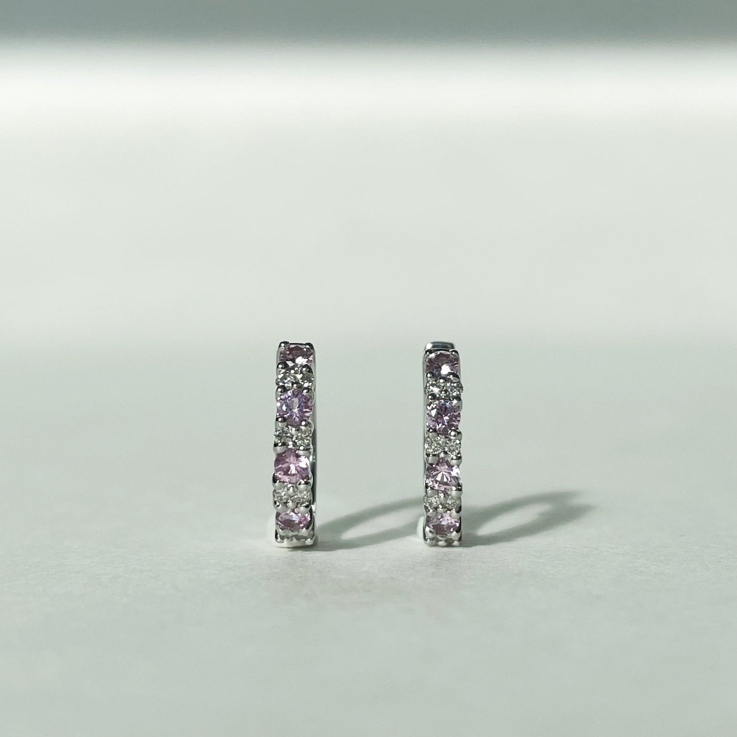 14K Solid Gold Genuine Pink Sapphire and Diamond Hoops