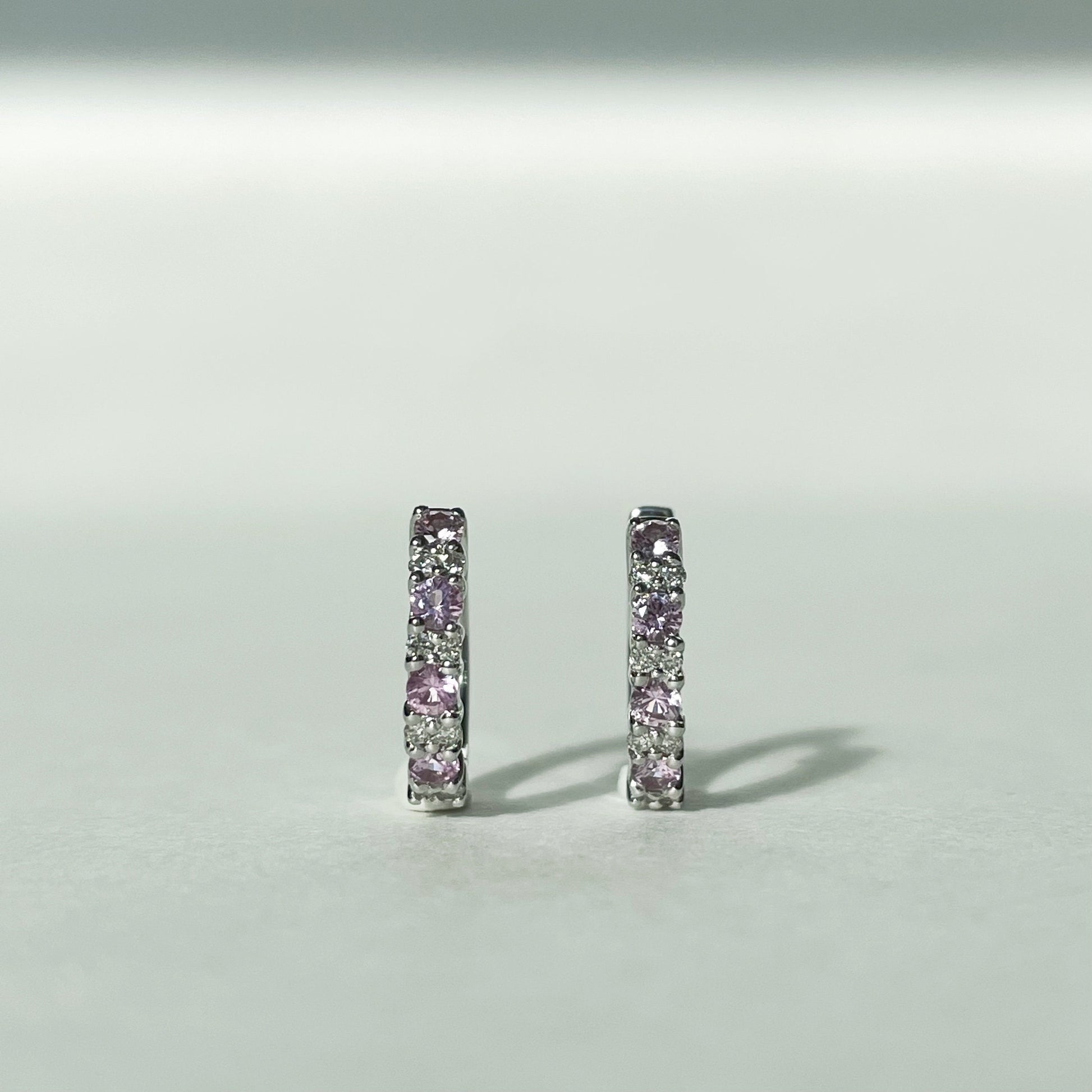14K Solid Gold Genuine Pink Sapphire and Diamond Hoops