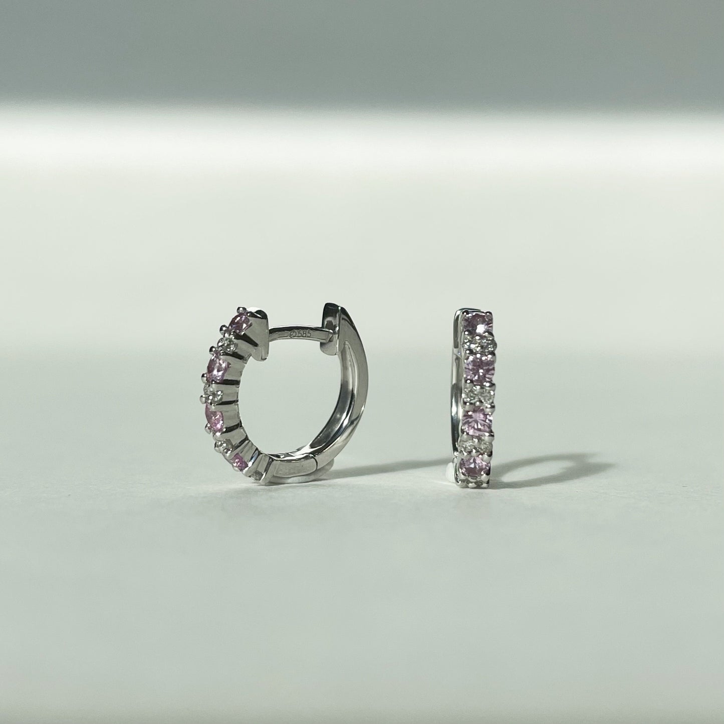 14K Solid Gold Genuine Pink Sapphire and Diamond Hoops