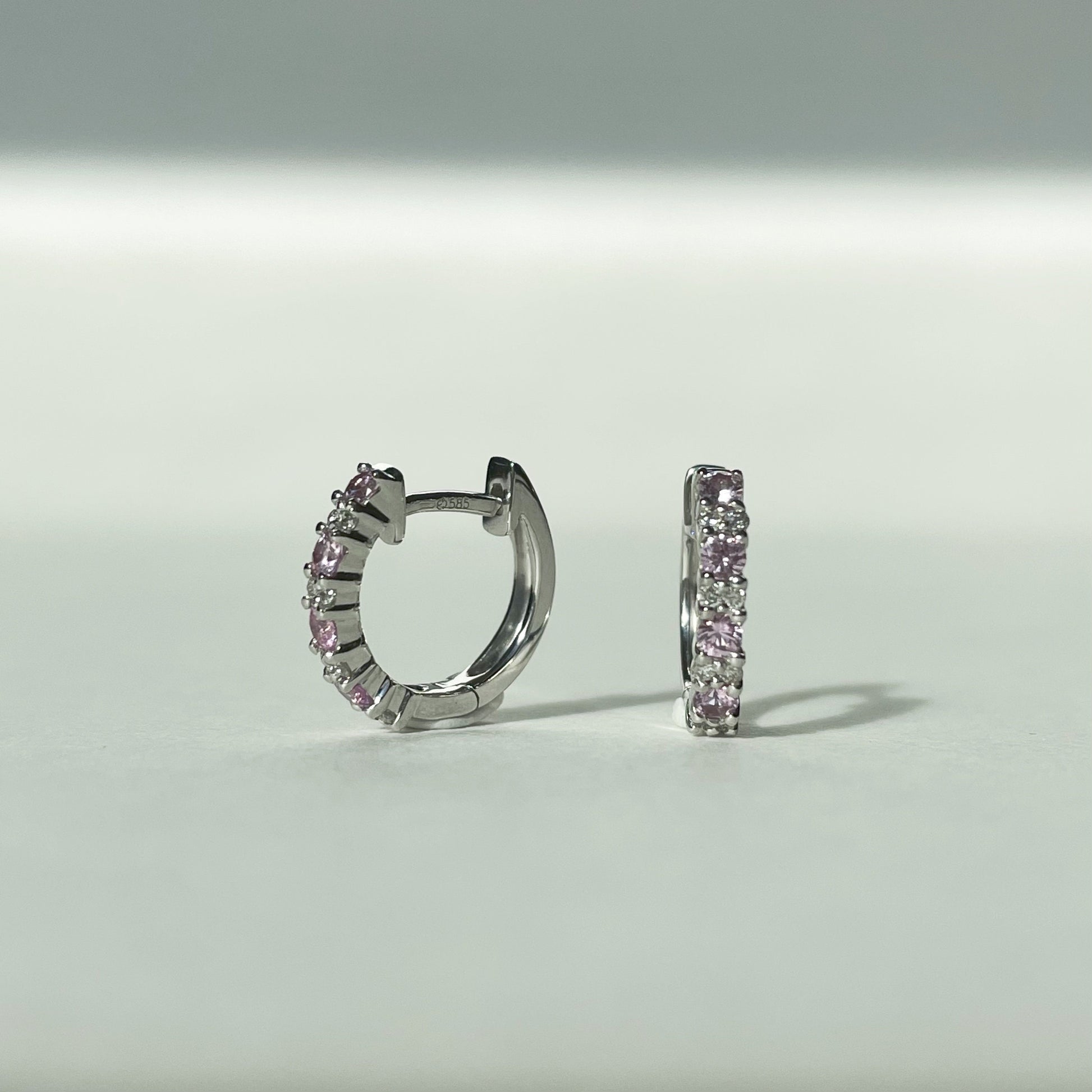 14K Solid Gold Genuine Pink Sapphire and Diamond Hoops