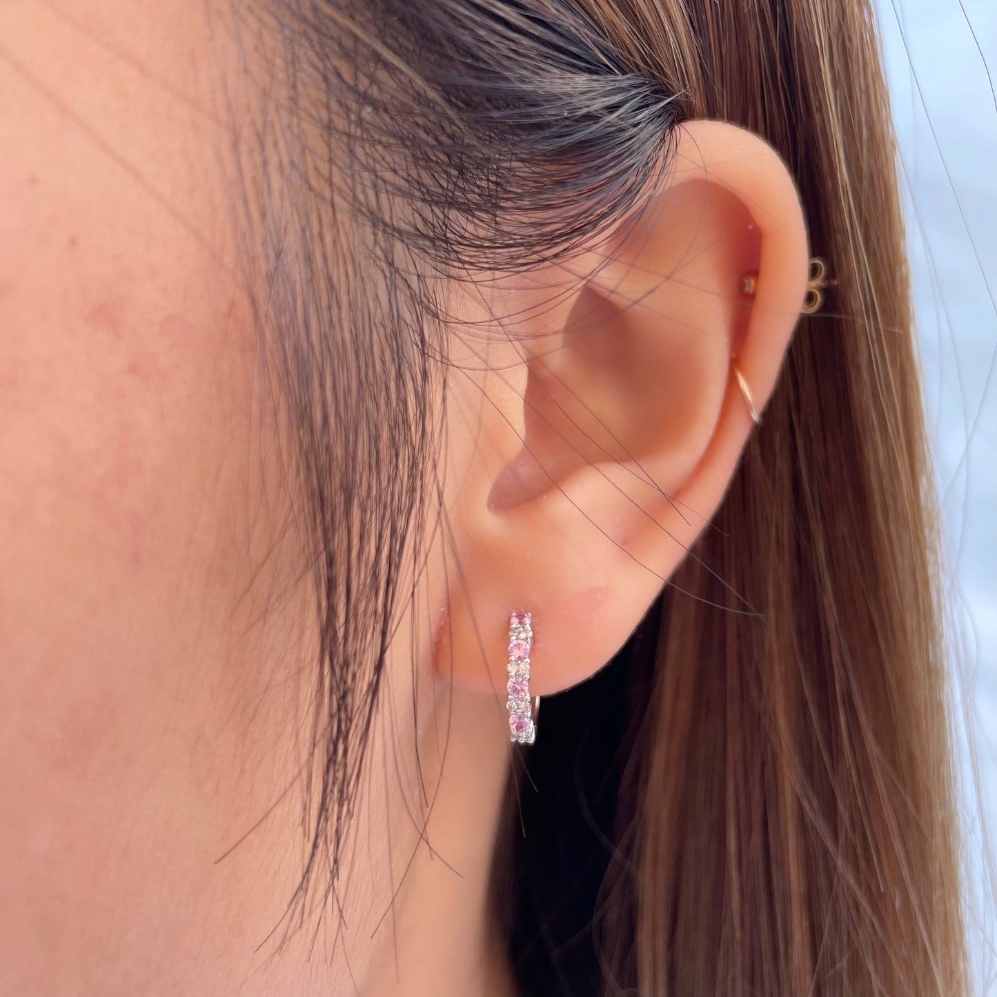 14K Solid Gold Genuine Pink Sapphire and Diamond Hoops