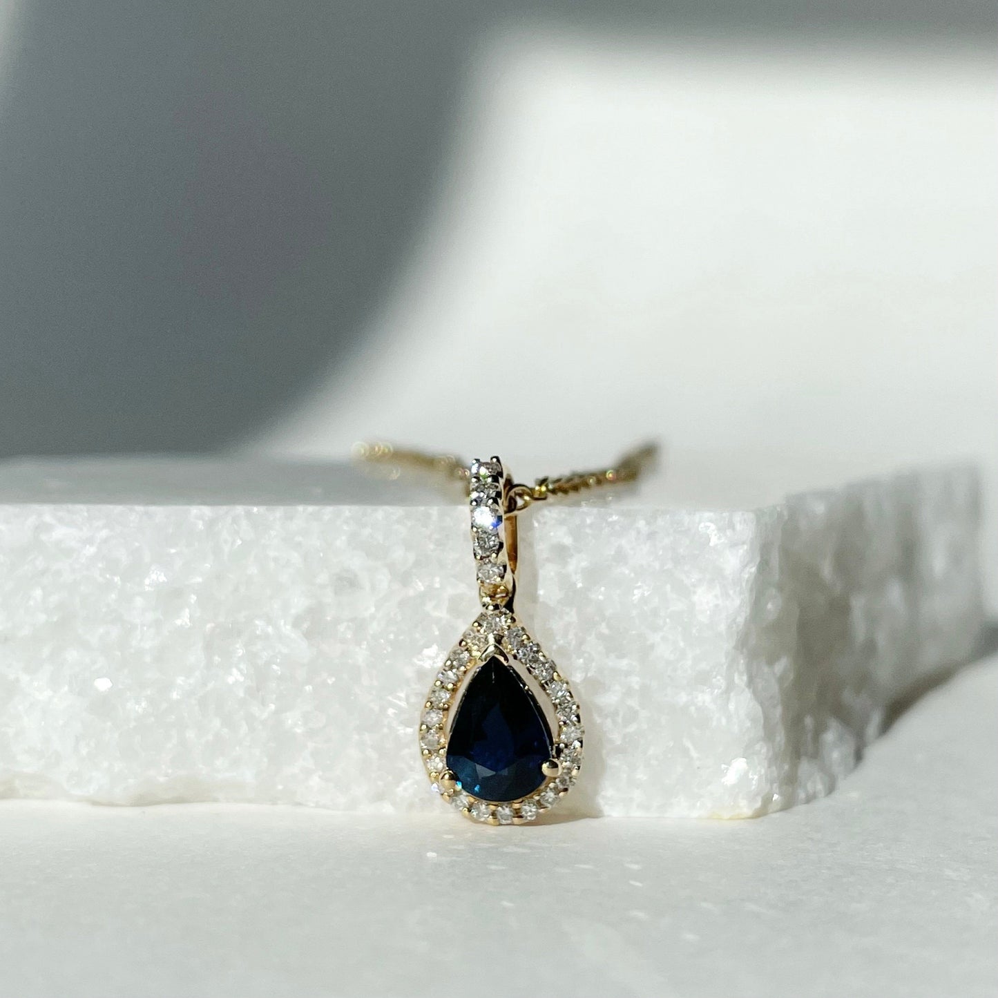 14K Solid Gold Teardrop Genuine Sapphire and Diamond Pendant (pendant only)