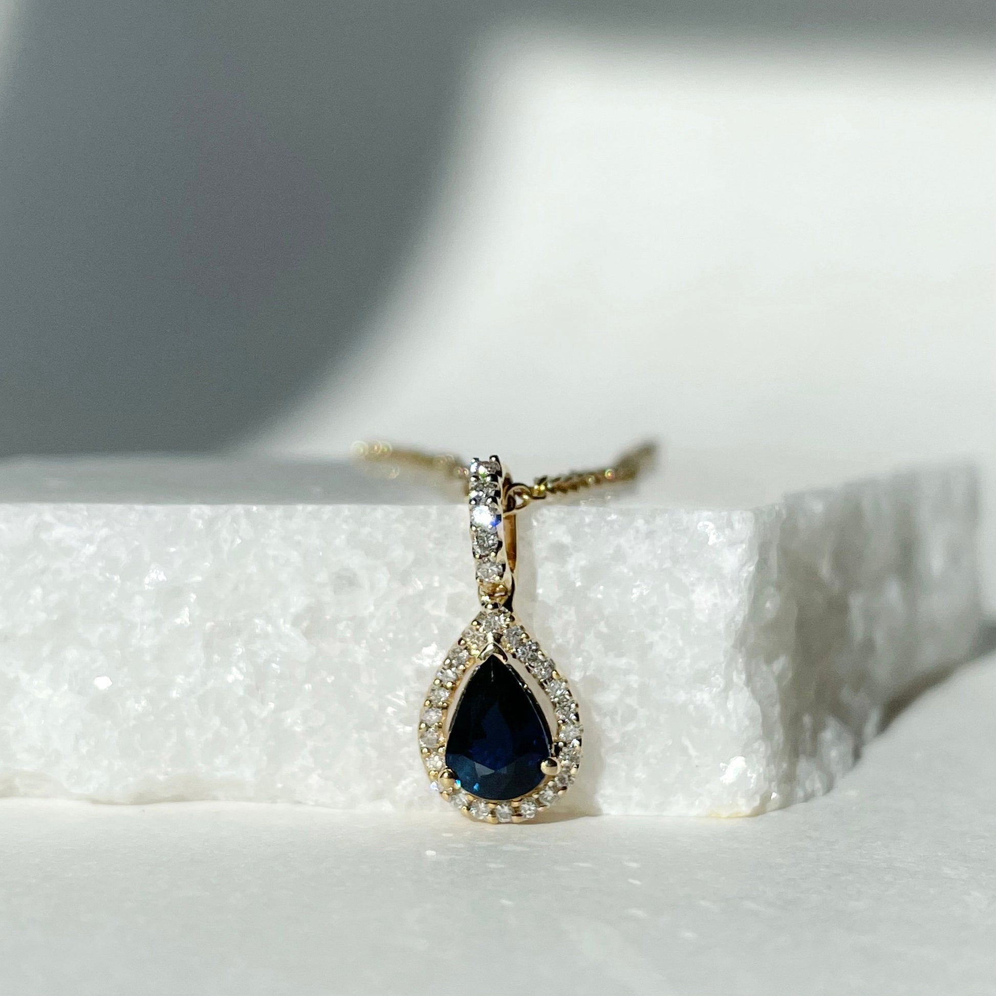 14K Solid Gold Teardrop Genuine Sapphire and Diamond Pendant (pendant only)