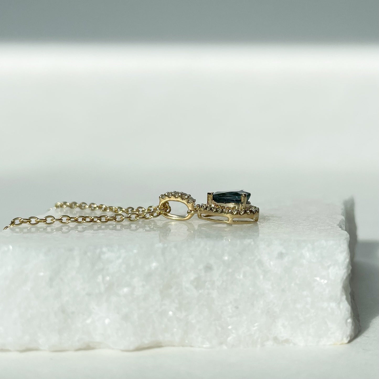 14K Solid Gold Teardrop Genuine Sapphire and Diamond Pendant (pendant only)