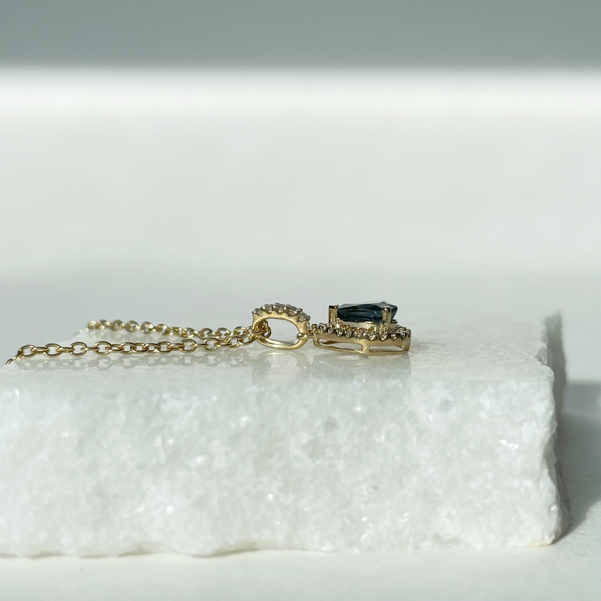 14K Solid Gold Teardrop Genuine Sapphire and Diamond Pendant (pendant only)