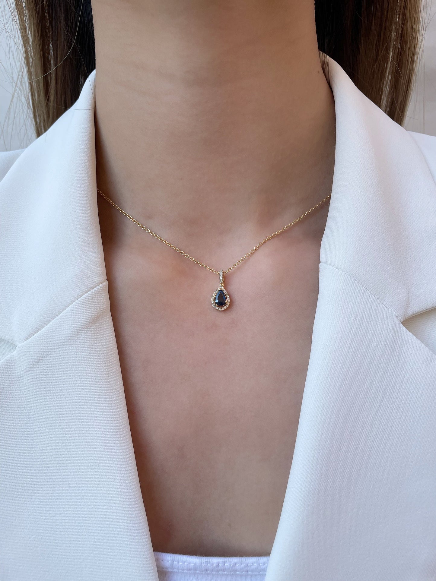 14K Solid Gold Teardrop Genuine Sapphire and Diamond Pendant (pendant only)
