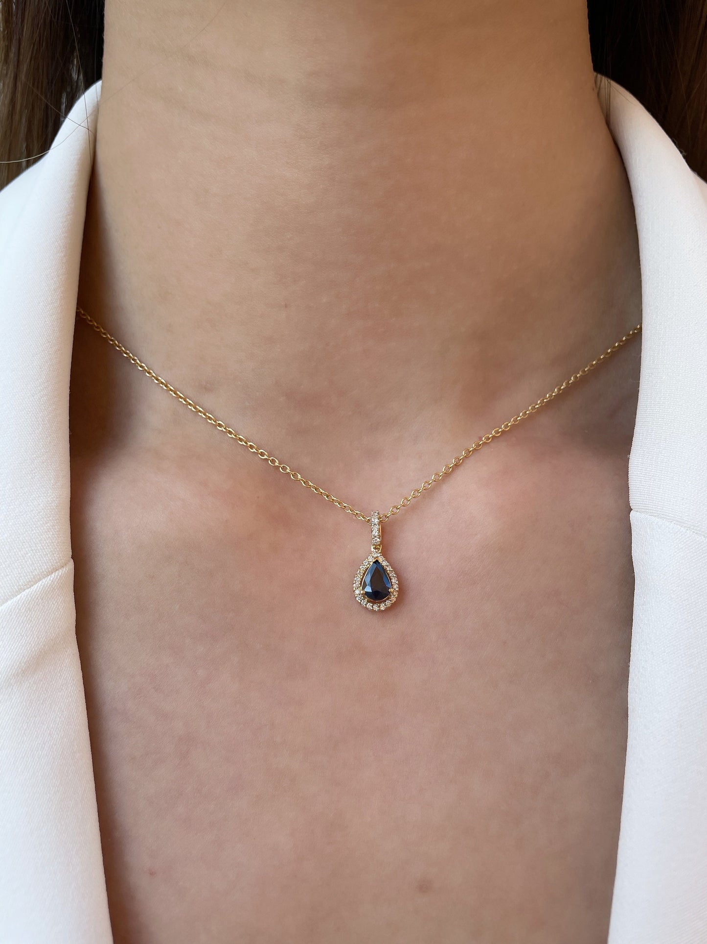 14K Solid Gold Teardrop Genuine Sapphire and Diamond Pendant (pendant only)