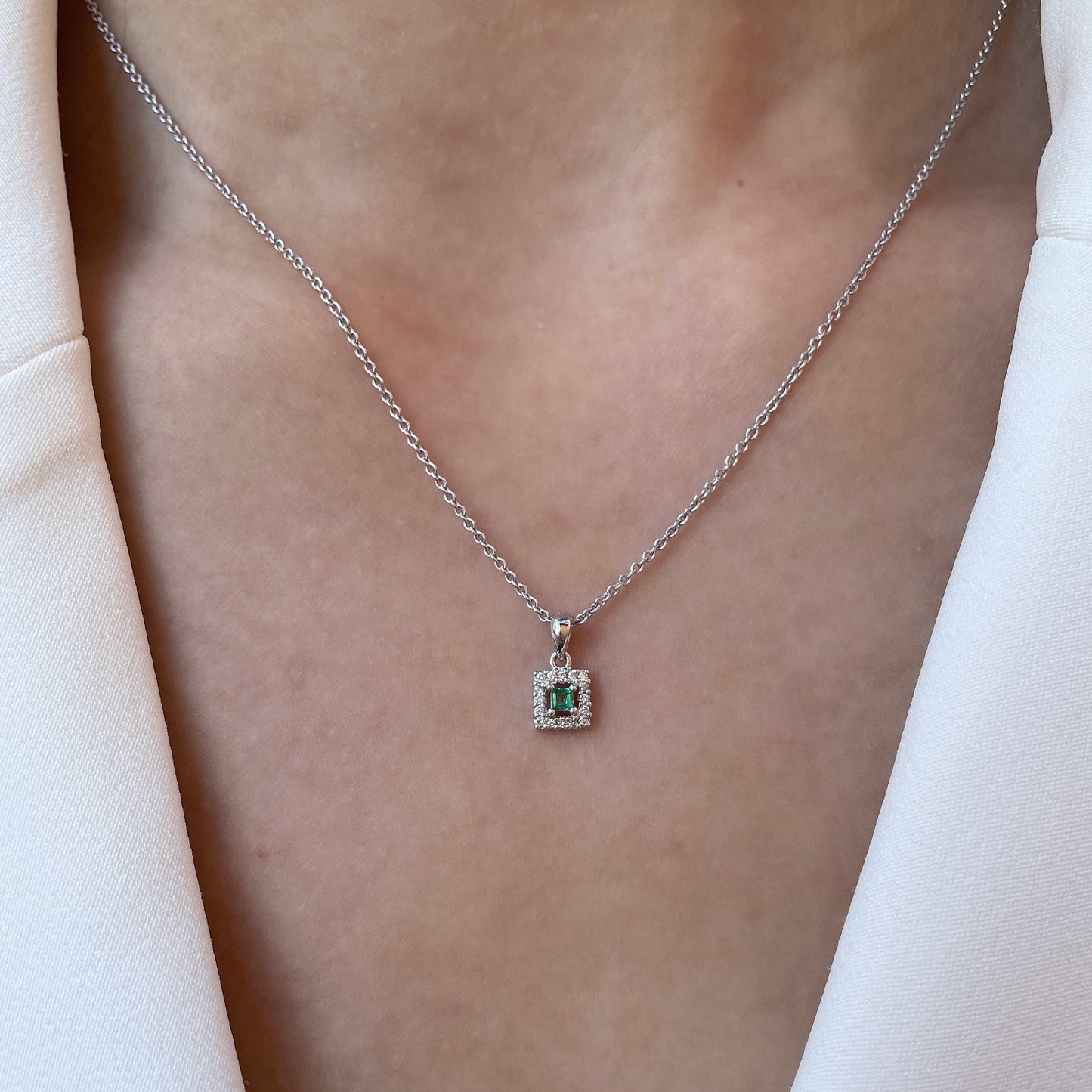 14K Solid Gold Genuine Emerald and Diamond Square Pendant