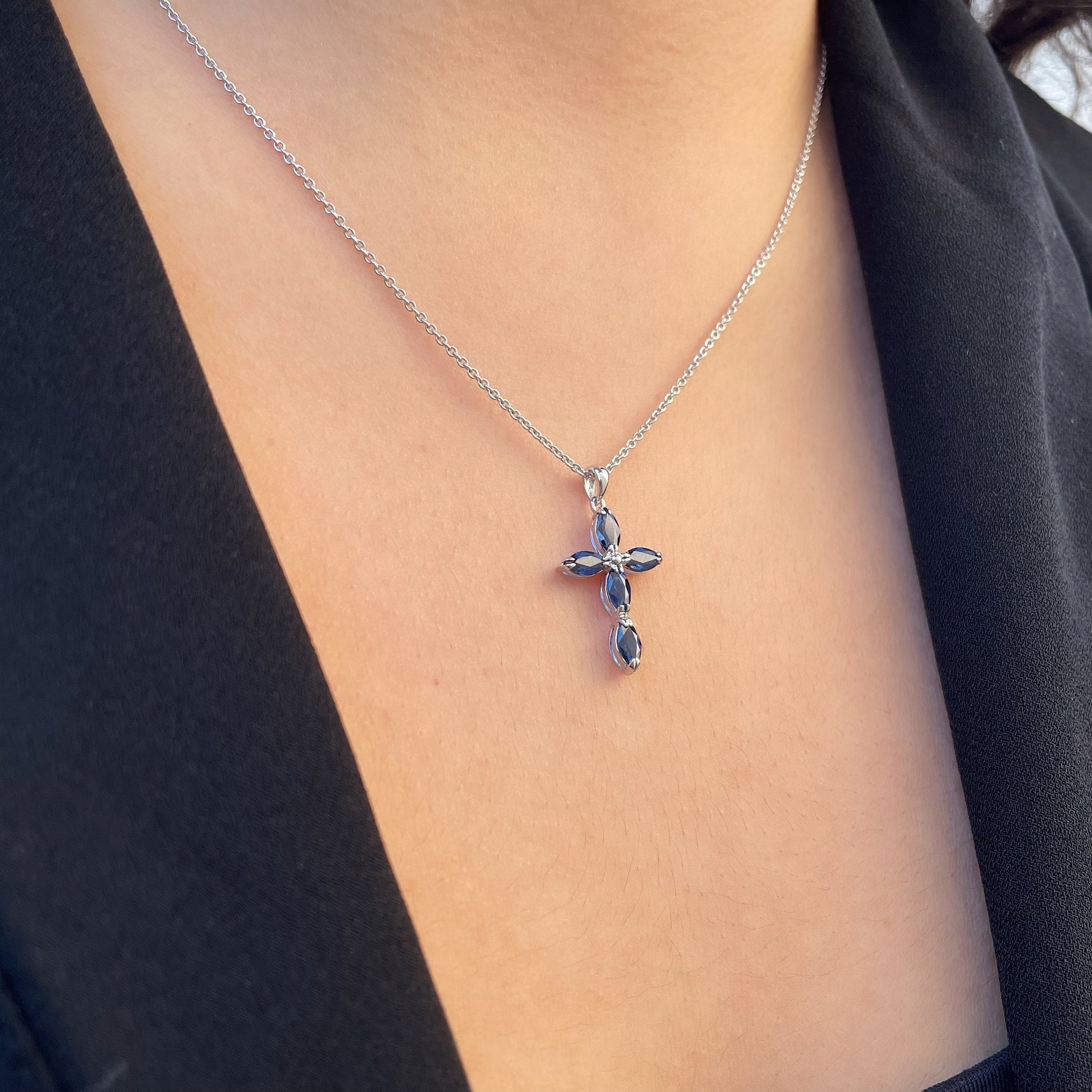 14K Solid Gold Genuine Sapphire Cross Pendant