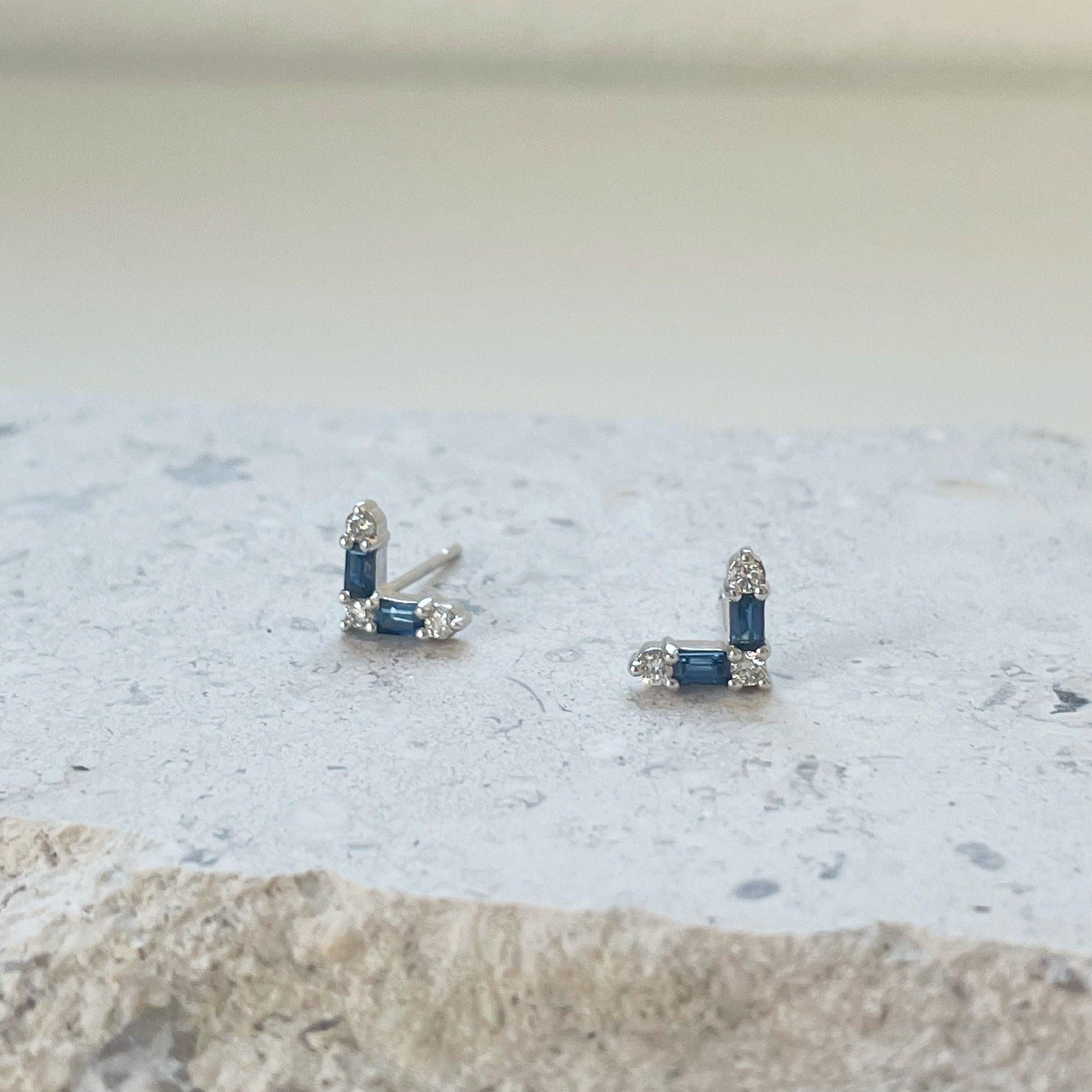 14K Solid Gold Sapphire and Diamond Chevron Studs