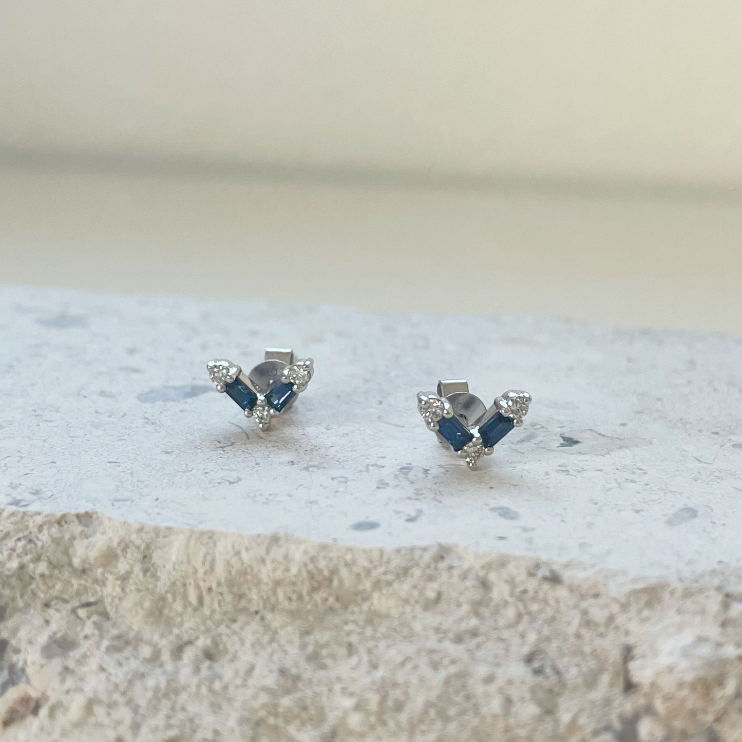 14K Solid Gold Sapphire and Diamond Chevron Studs