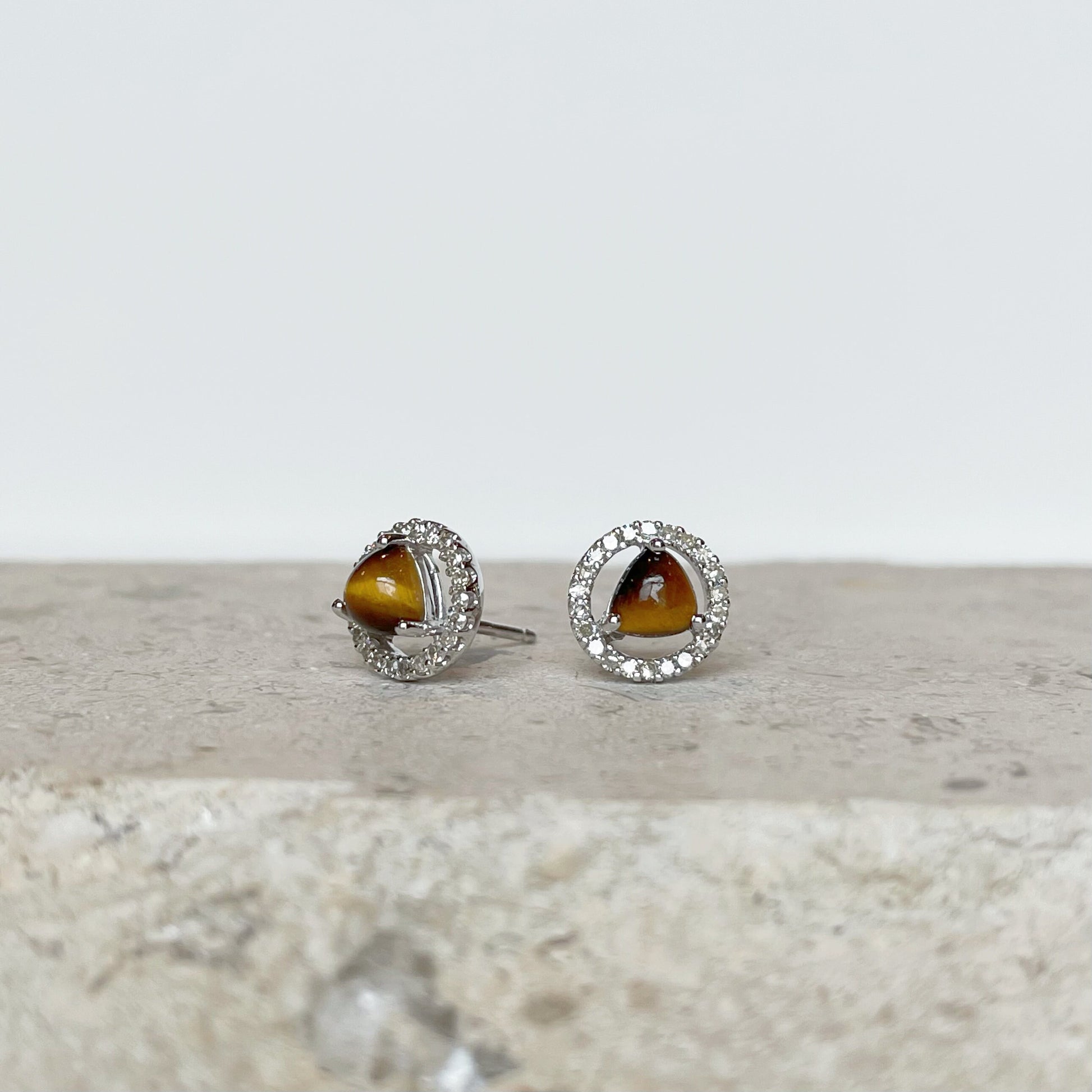 14K Solid Gold Diamond and Tiger Eye Halo Studs