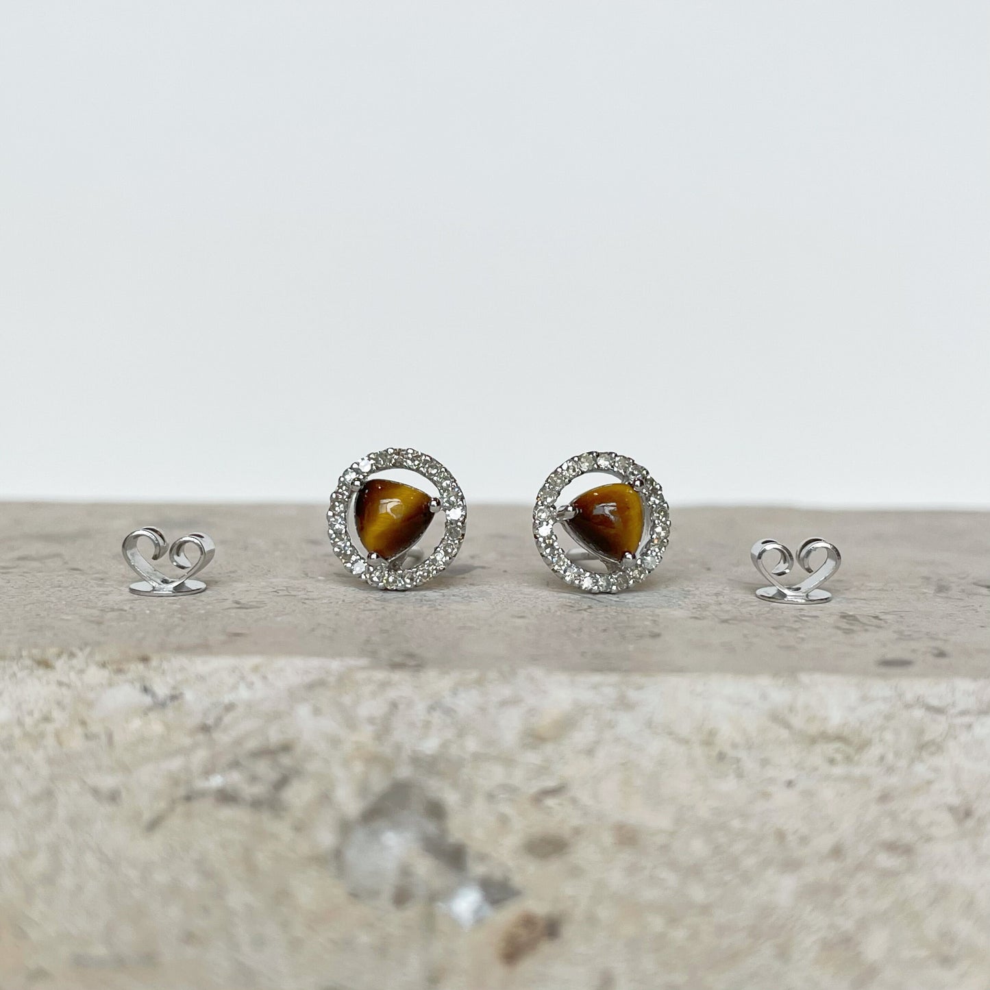 14K Solid Gold Diamond and Tiger Eye Halo Studs