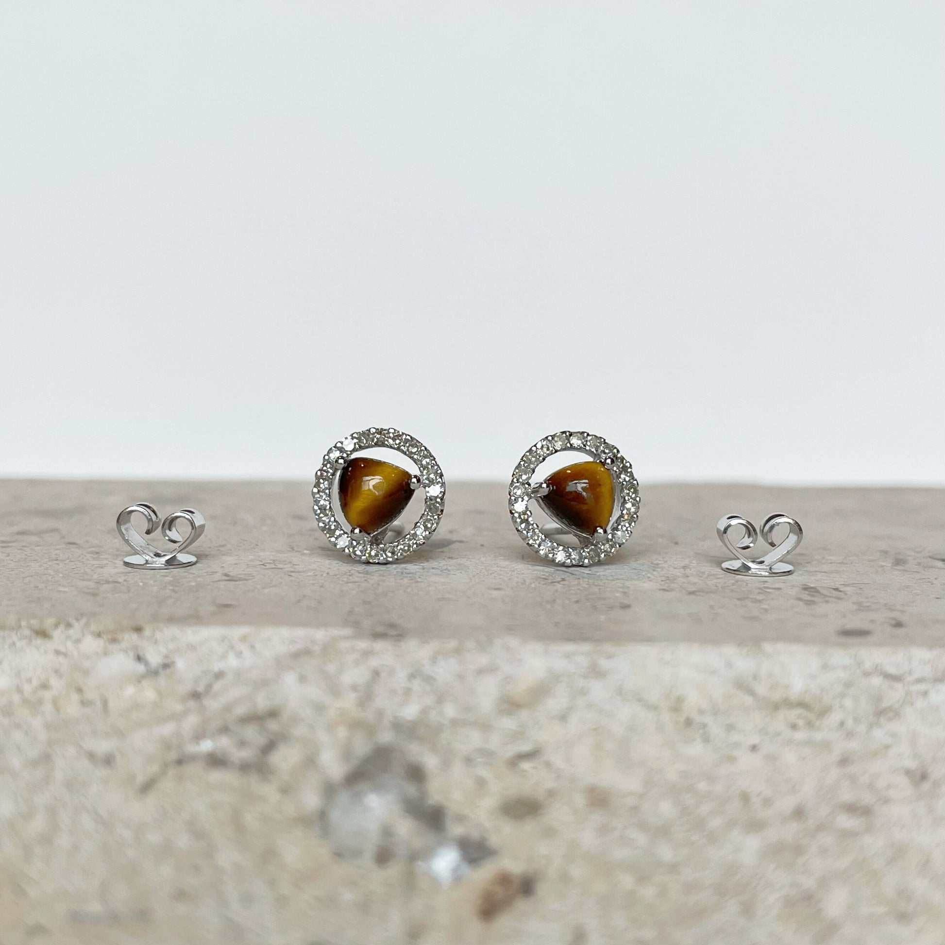 14K Solid Gold Diamond and Tiger Eye Halo Studs