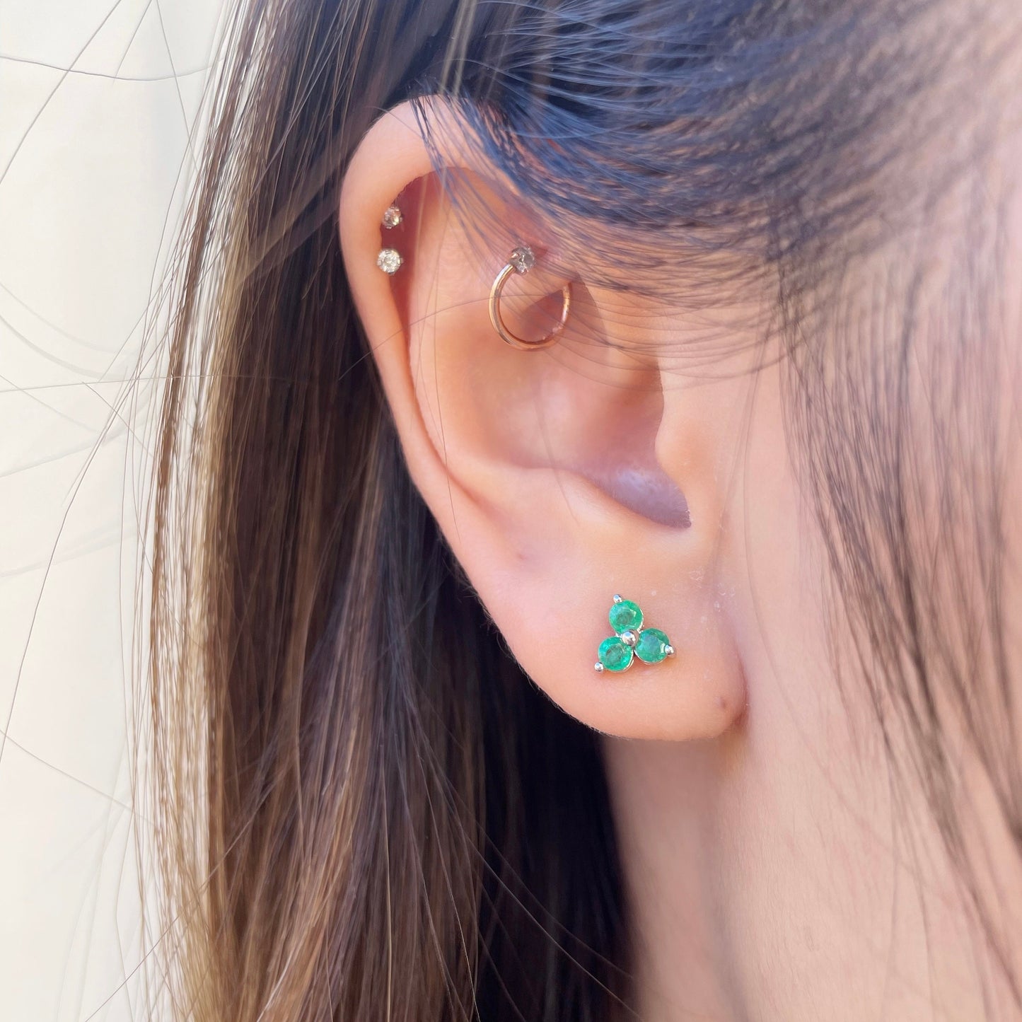 14K Solid Gold Genuine Emerald Trio Studs