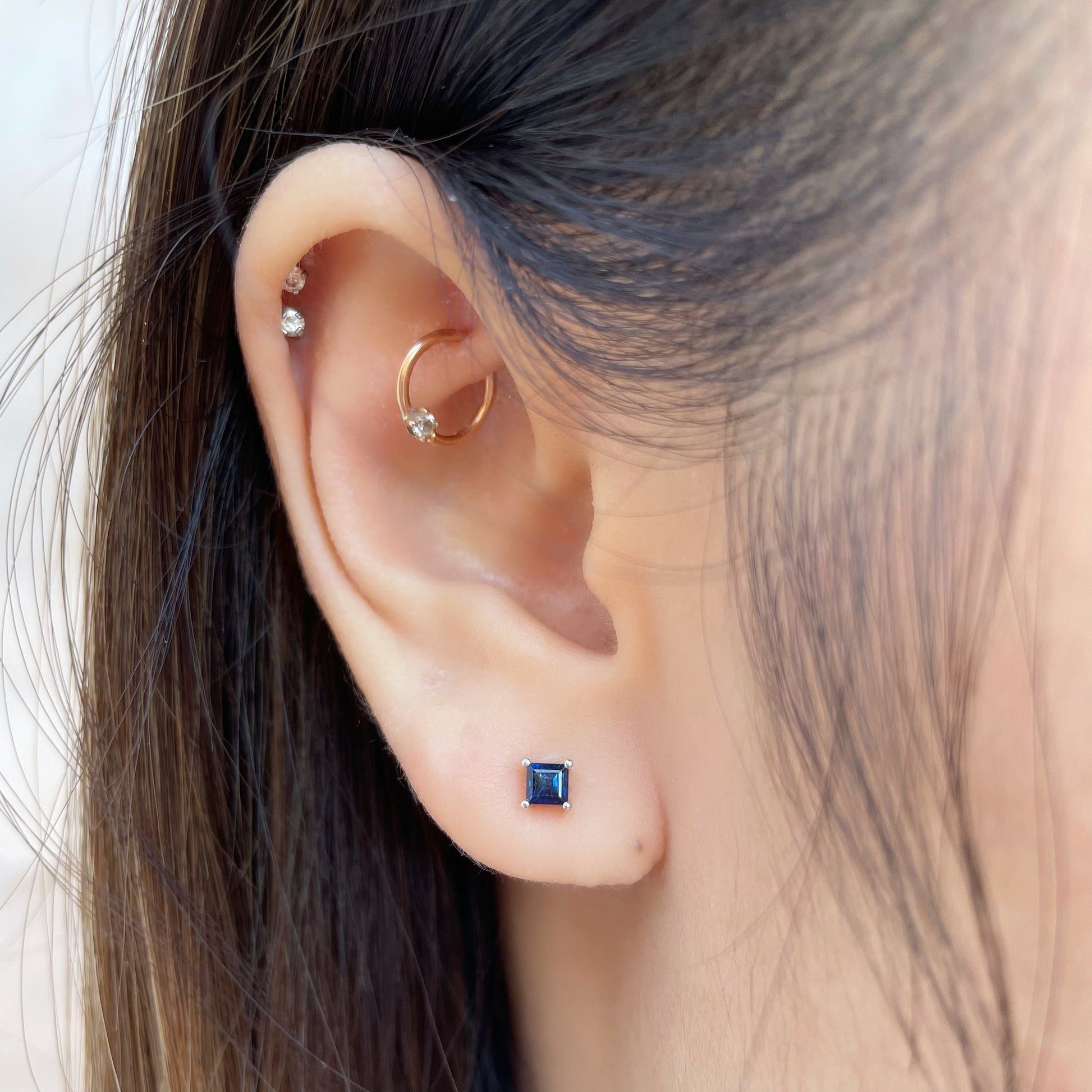 14K Solid Gold Genuine Sapphire Square Studs Earring