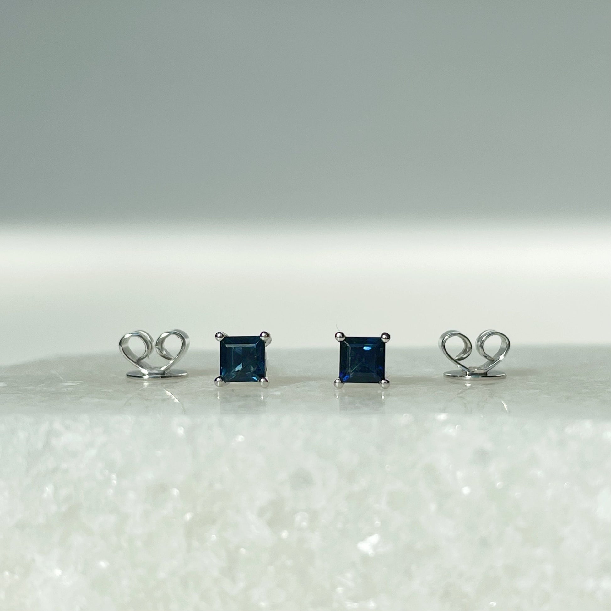 14K Solid Gold Genuine Sapphire Square Studs Earring