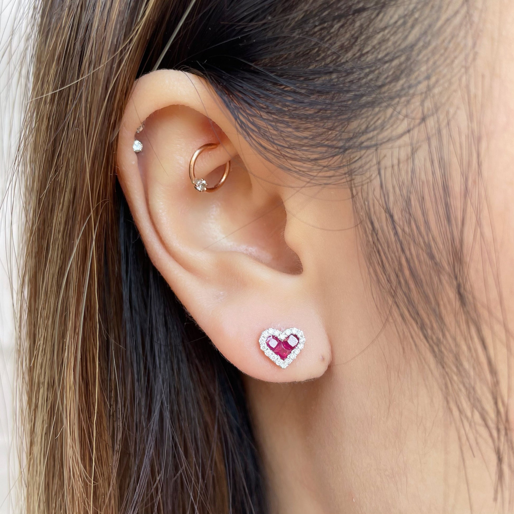 14K Solid Gold Diamond and Ruby Heart Studs
