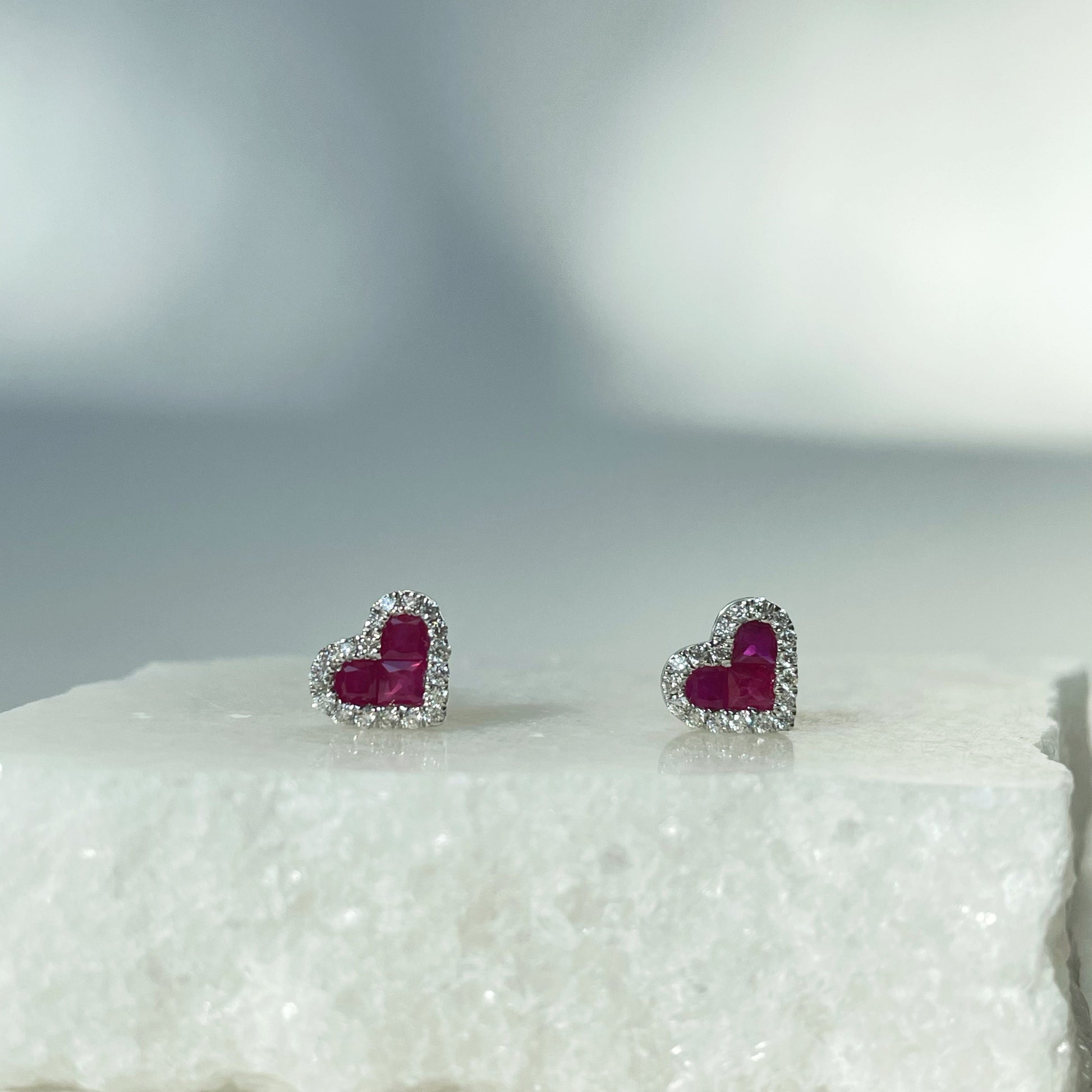 14K Solid Gold Diamond and Ruby Heart Studs
