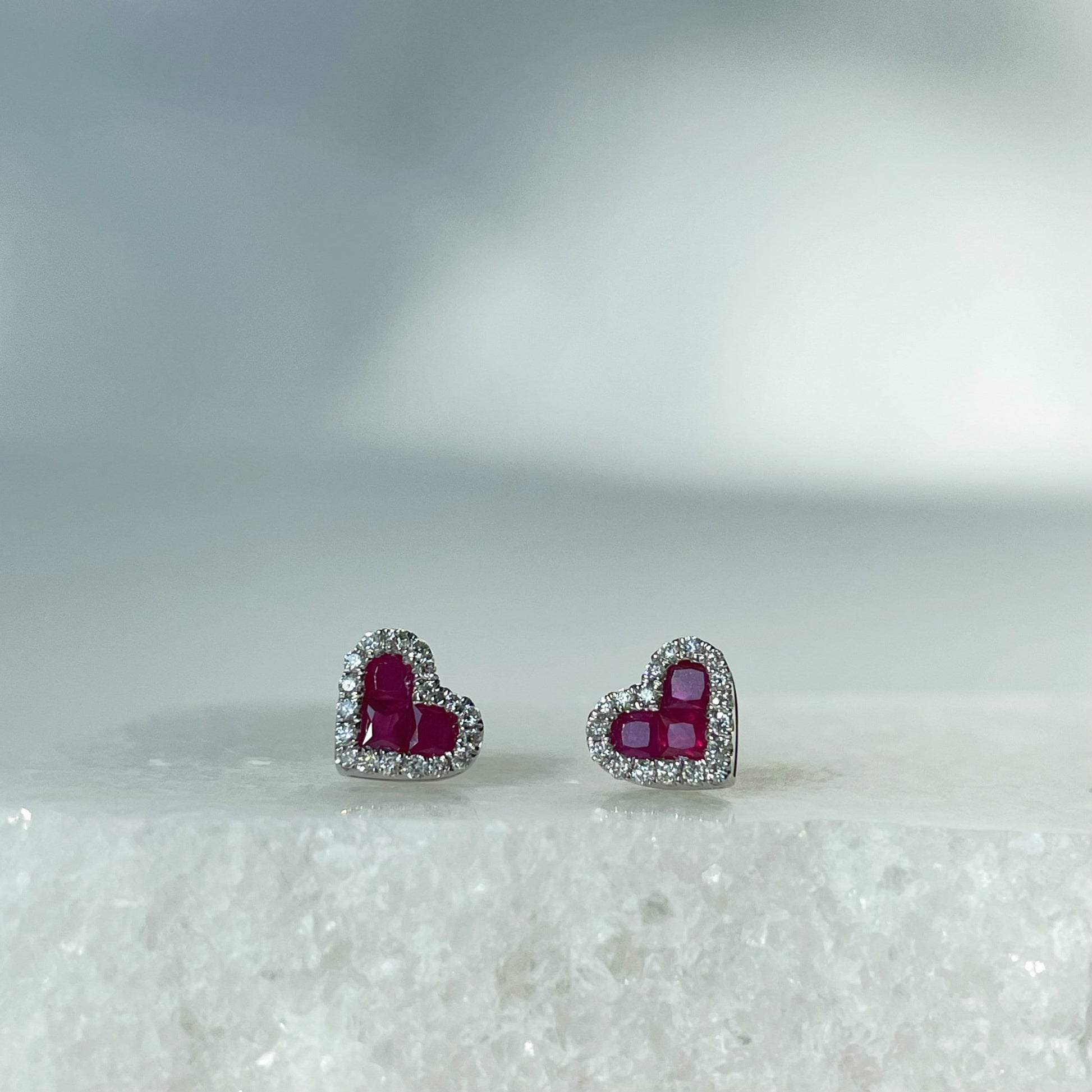 14K Solid Gold Diamond and Ruby Heart Studs