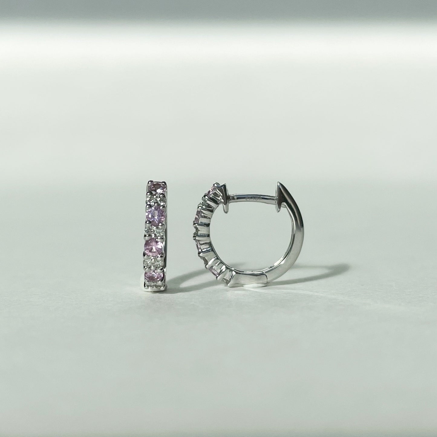 14K Solid Gold Genuine Pink Sapphire and Diamond Hoops