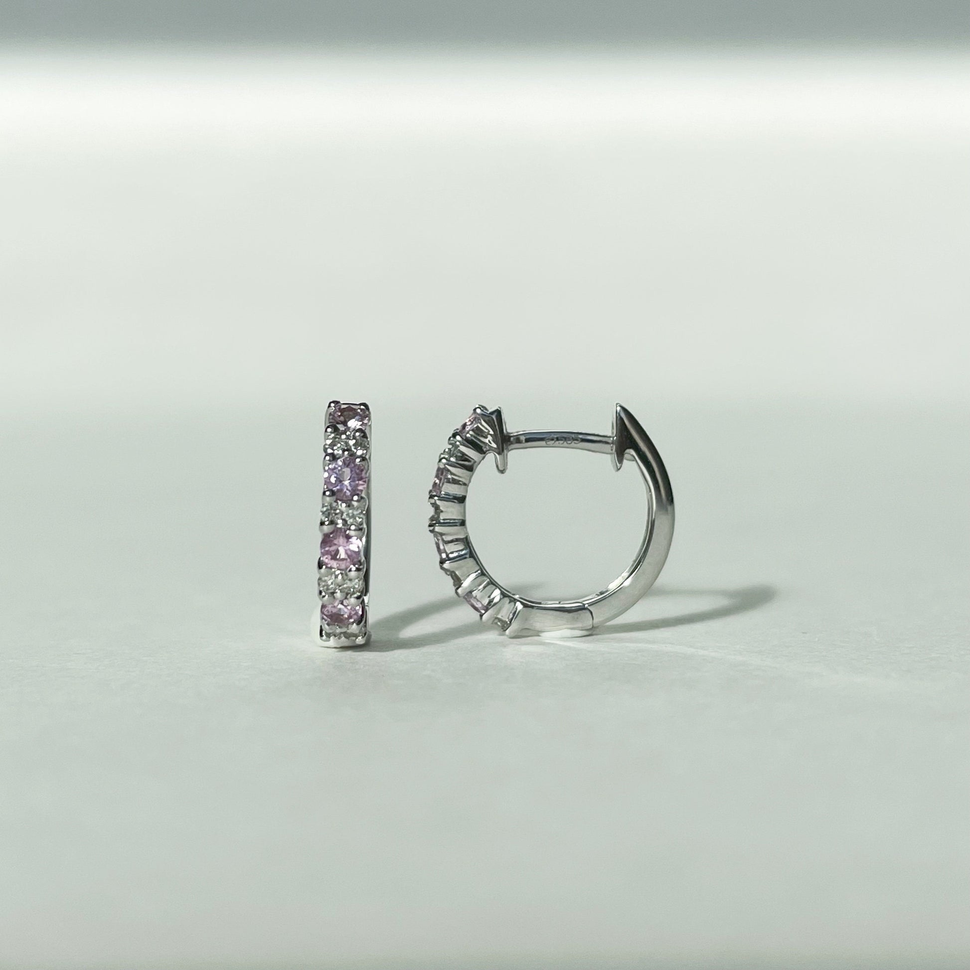14K Solid Gold Genuine Pink Sapphire and Diamond Hoops