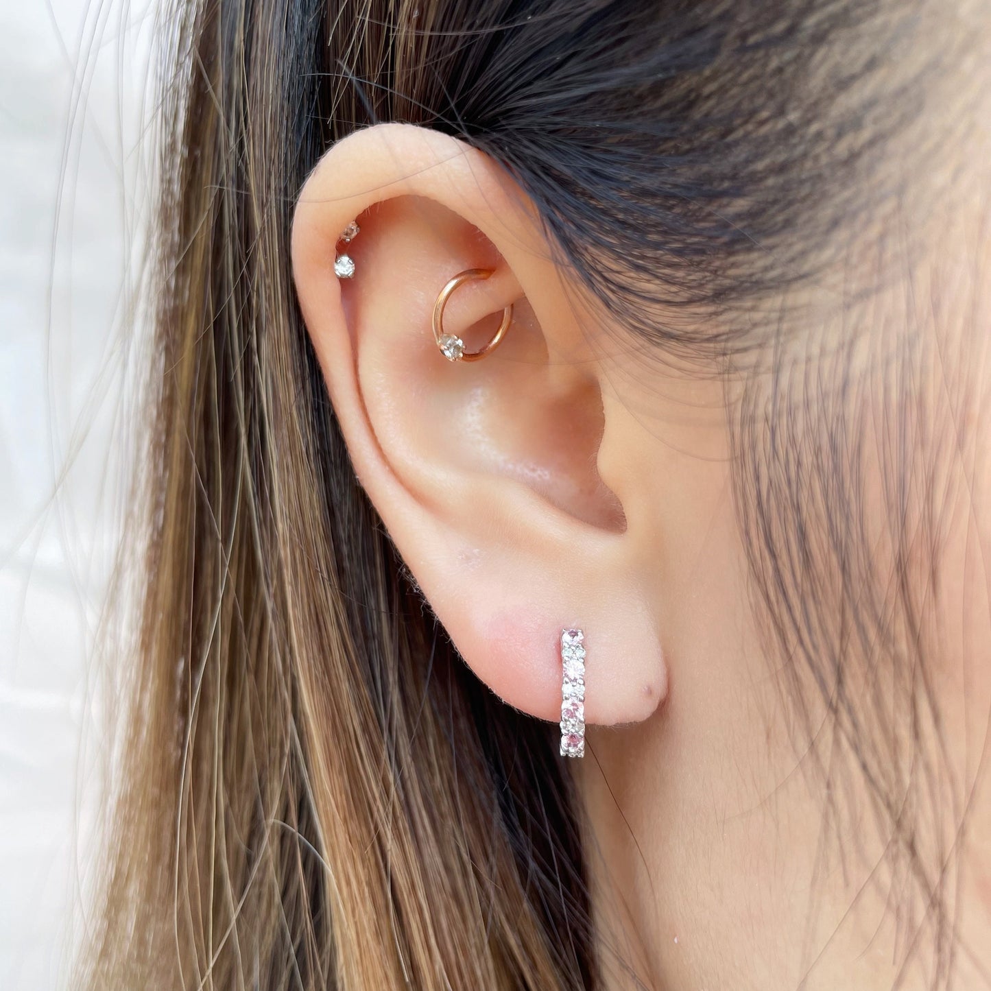 14K Solid Gold Genuine Pink Sapphire and Diamond Hoops