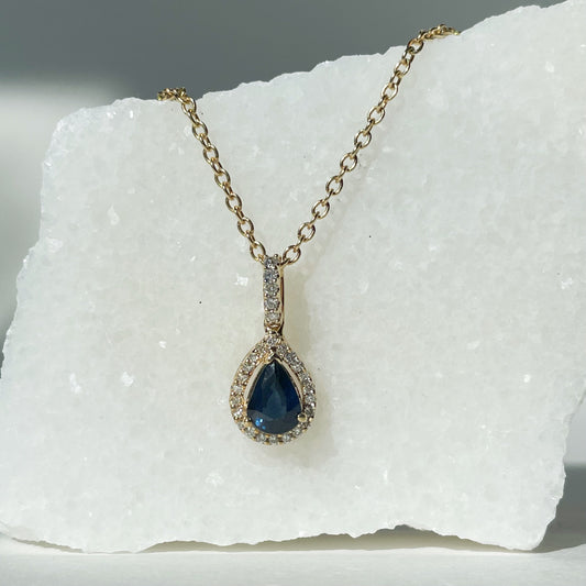 14K Solid Gold Teardrop Genuine Sapphire and Diamond Pendant (pendant only)