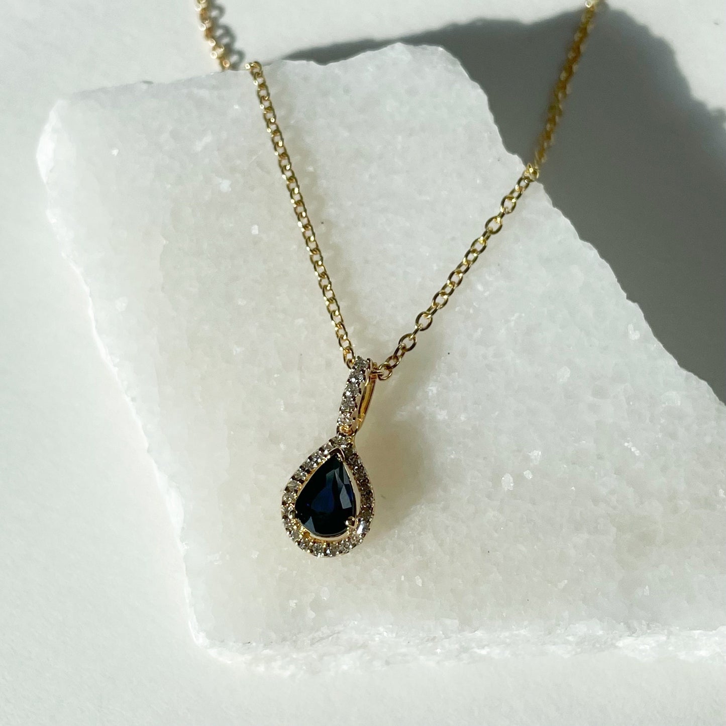 14K Solid Gold Teardrop Genuine Sapphire and Diamond Pendant (pendant only)