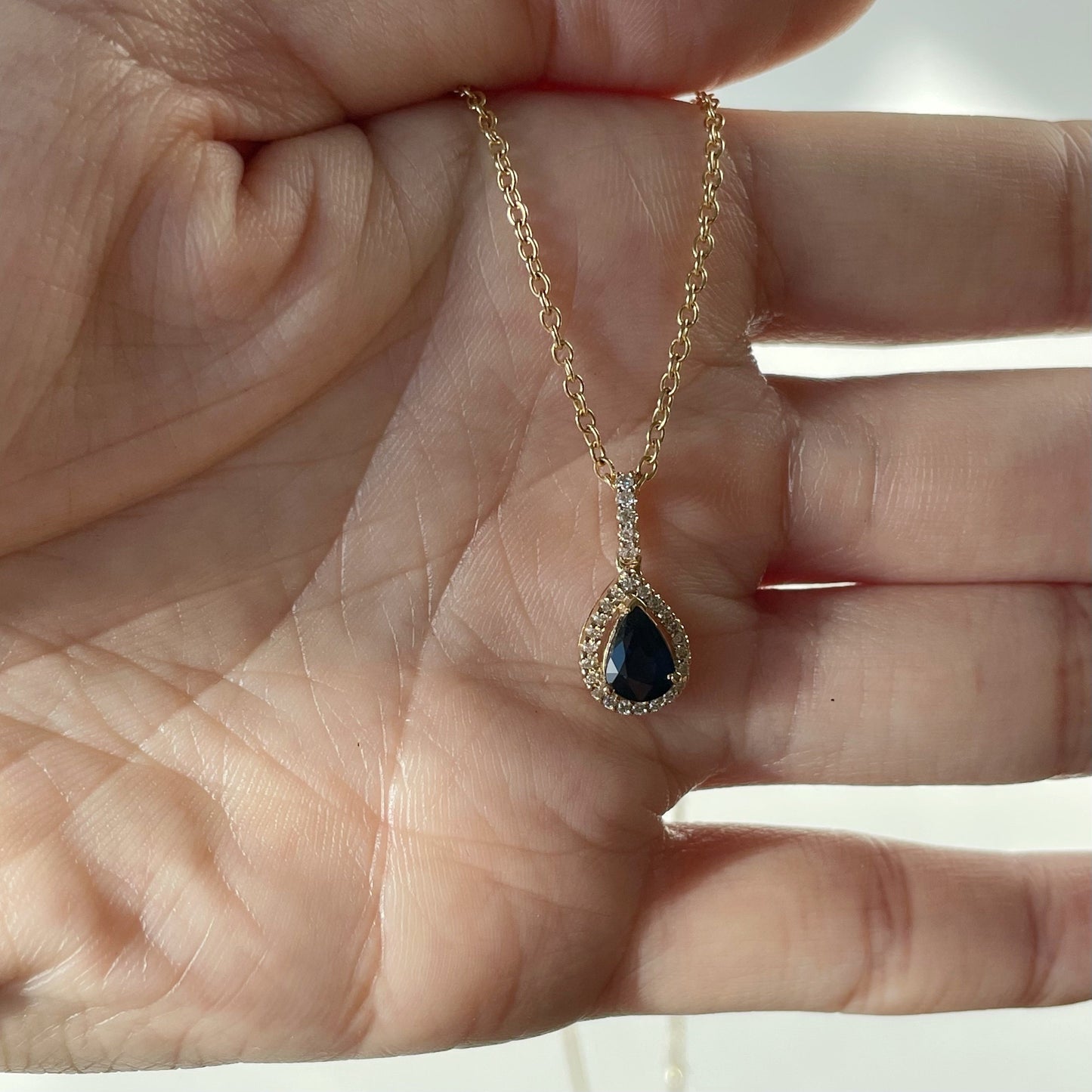 14K Solid Gold Teardrop Genuine Sapphire and Diamond Pendant (pendant only)