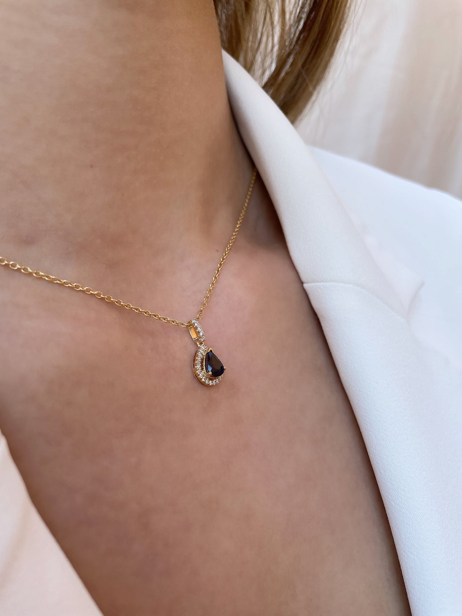 14K Solid Gold Teardrop Genuine Sapphire and Diamond Pendant (pendant only)