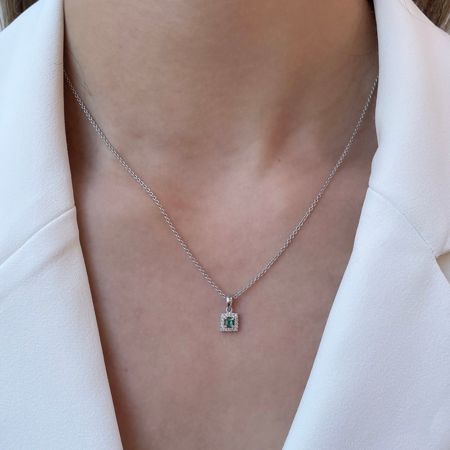 14K Solid Gold Genuine Emerald and Diamond Square Pendant