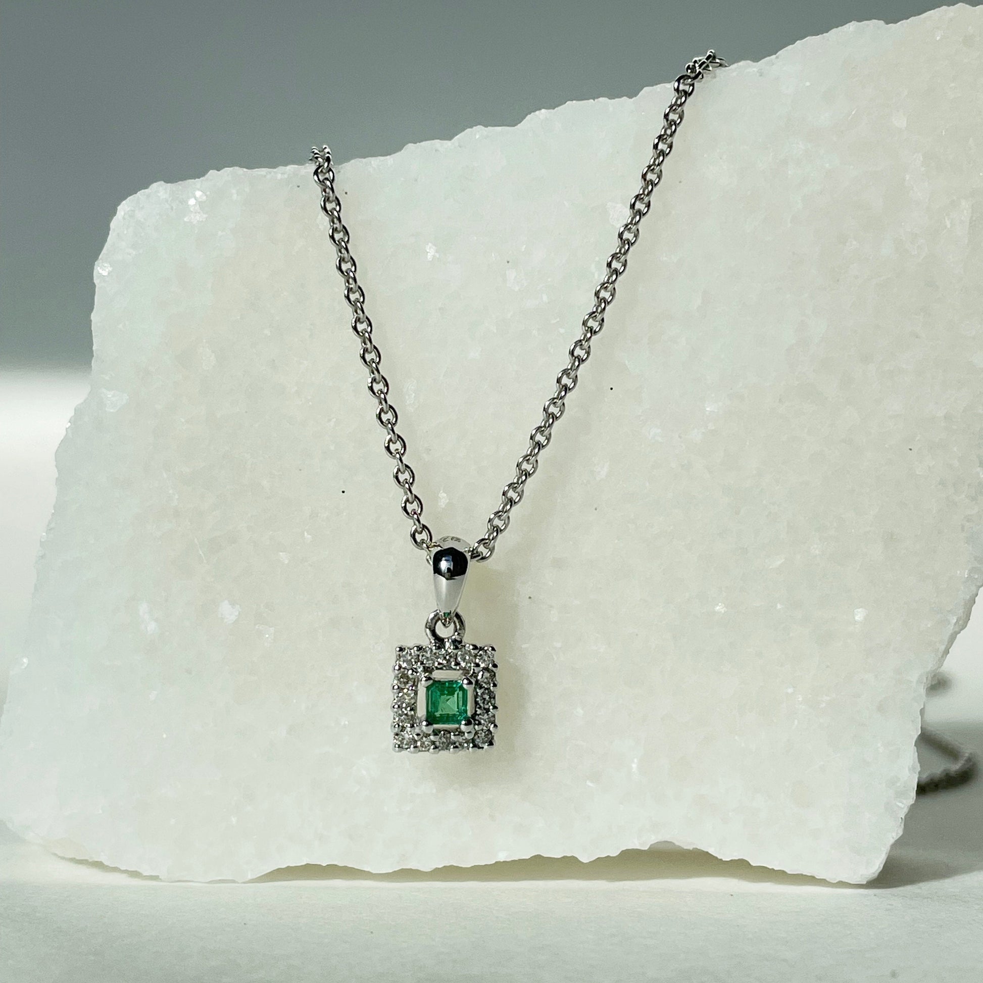 14K Solid Gold Genuine Emerald and Diamond Square Pendant