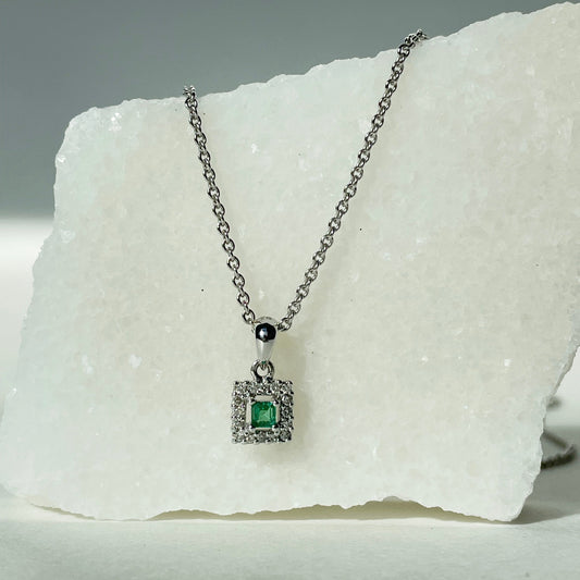 14K Solid Gold Genuine Emerald and Diamond Square Pendant
