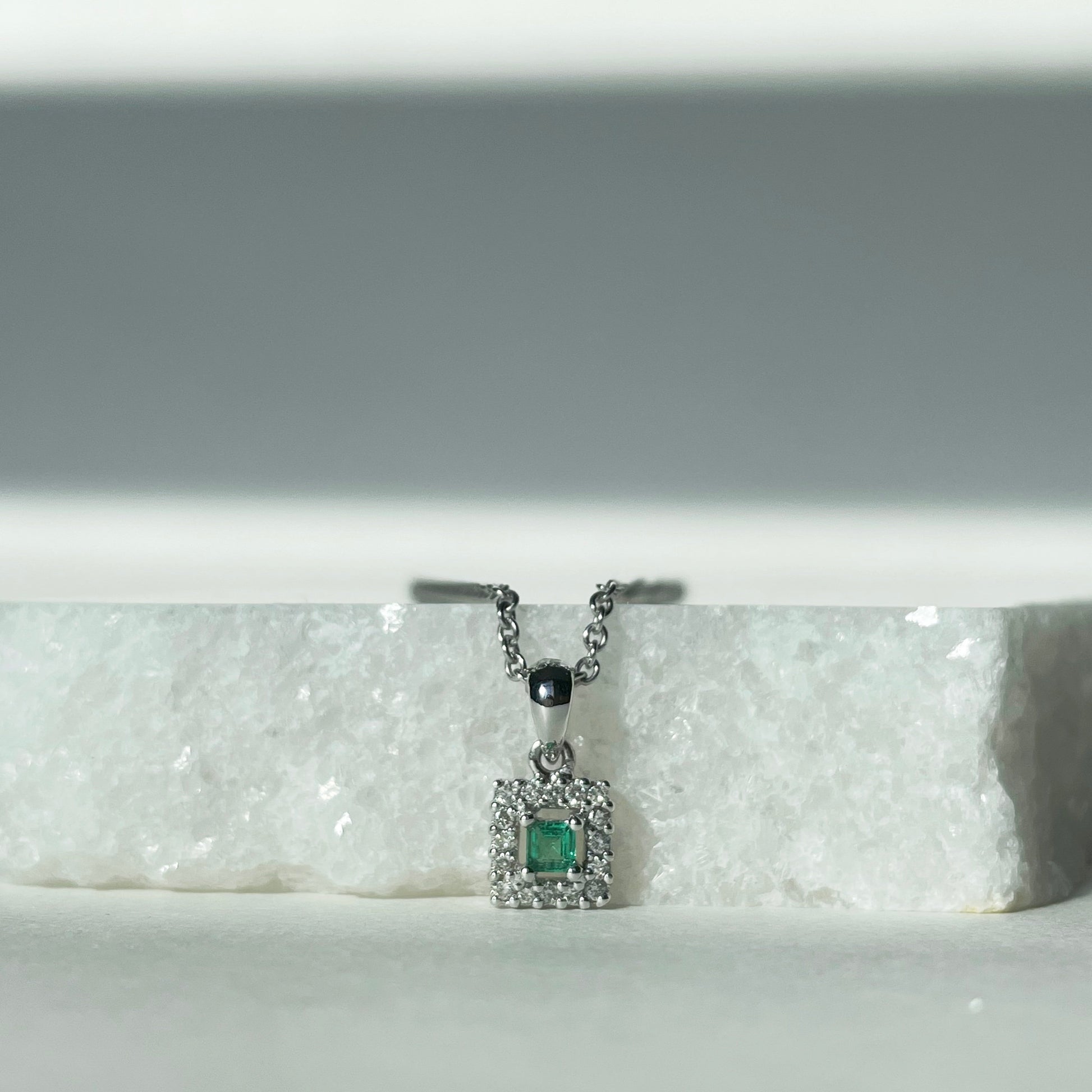 14K Solid Gold Genuine Emerald and Diamond Square Pendant