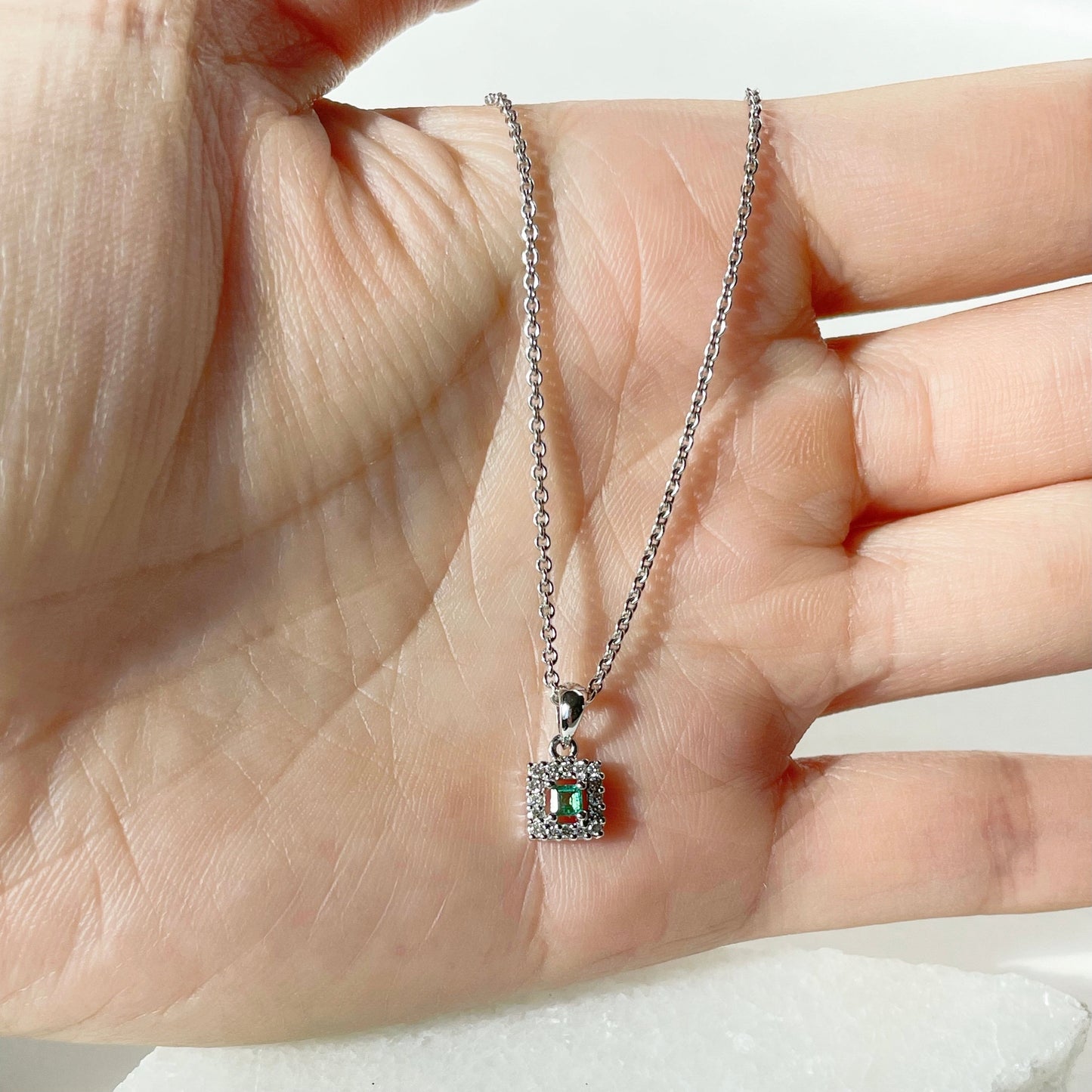 14K Solid Gold Genuine Emerald and Diamond Square Pendant