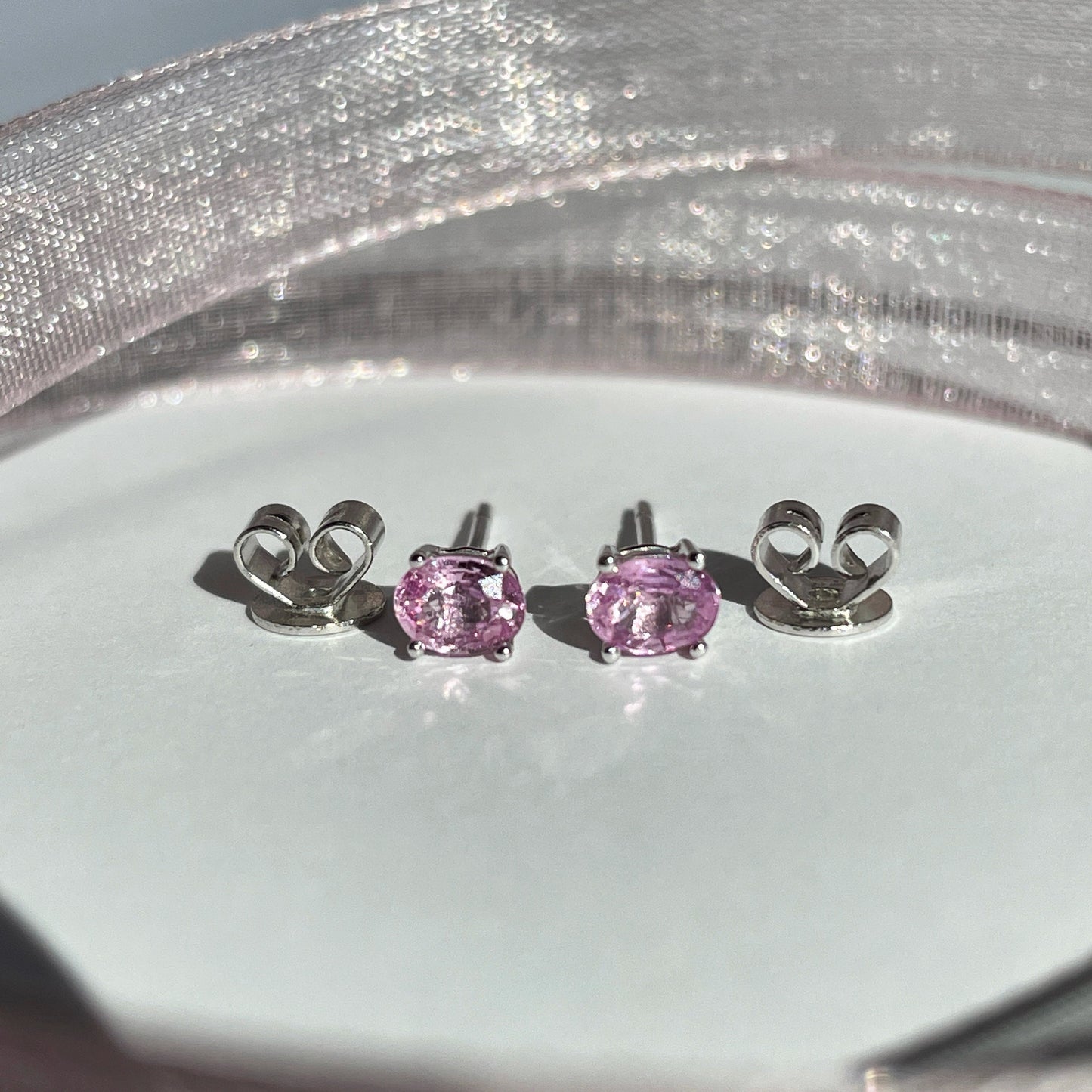 14K Solid Gold Genuine Oval Pink Sapphire Studs