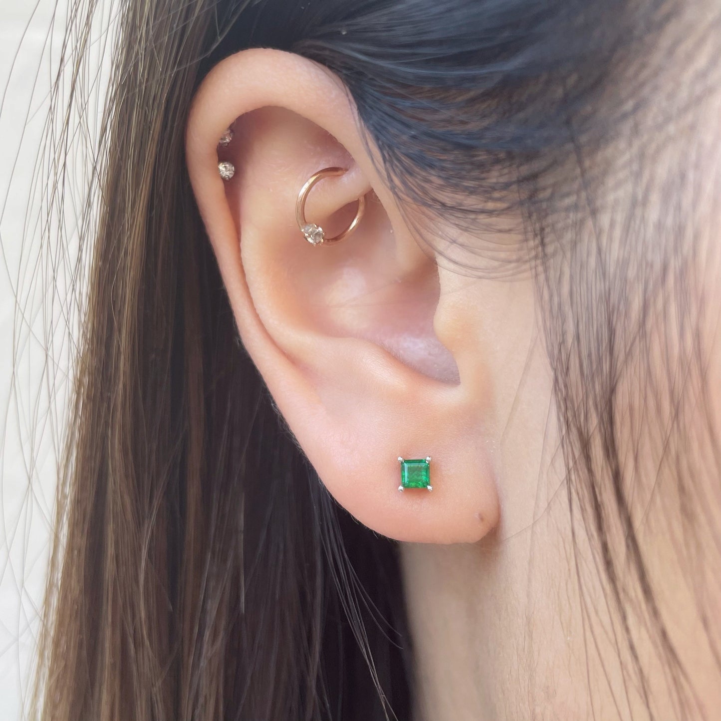 14K Solid Gold Genuine Emerald Square Studs