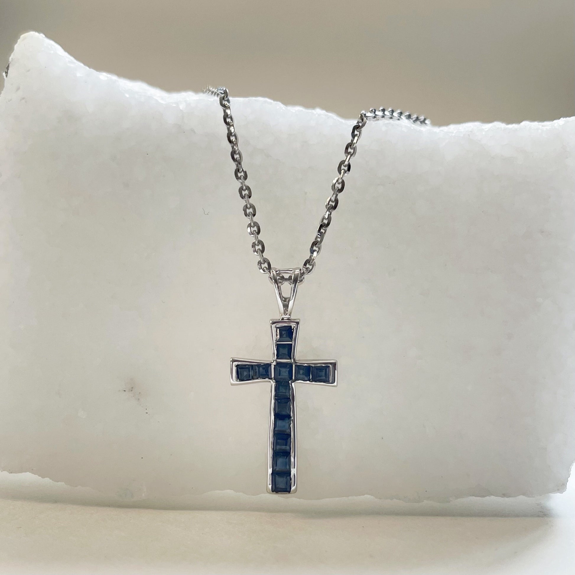 14K Solid Gold Sapphire Cross Pendant