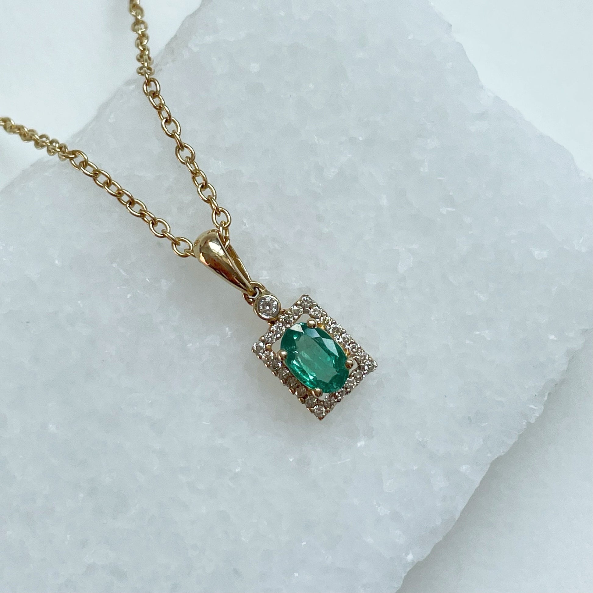 14K Solid Gold Genuine Emerald and Diamond Pendant