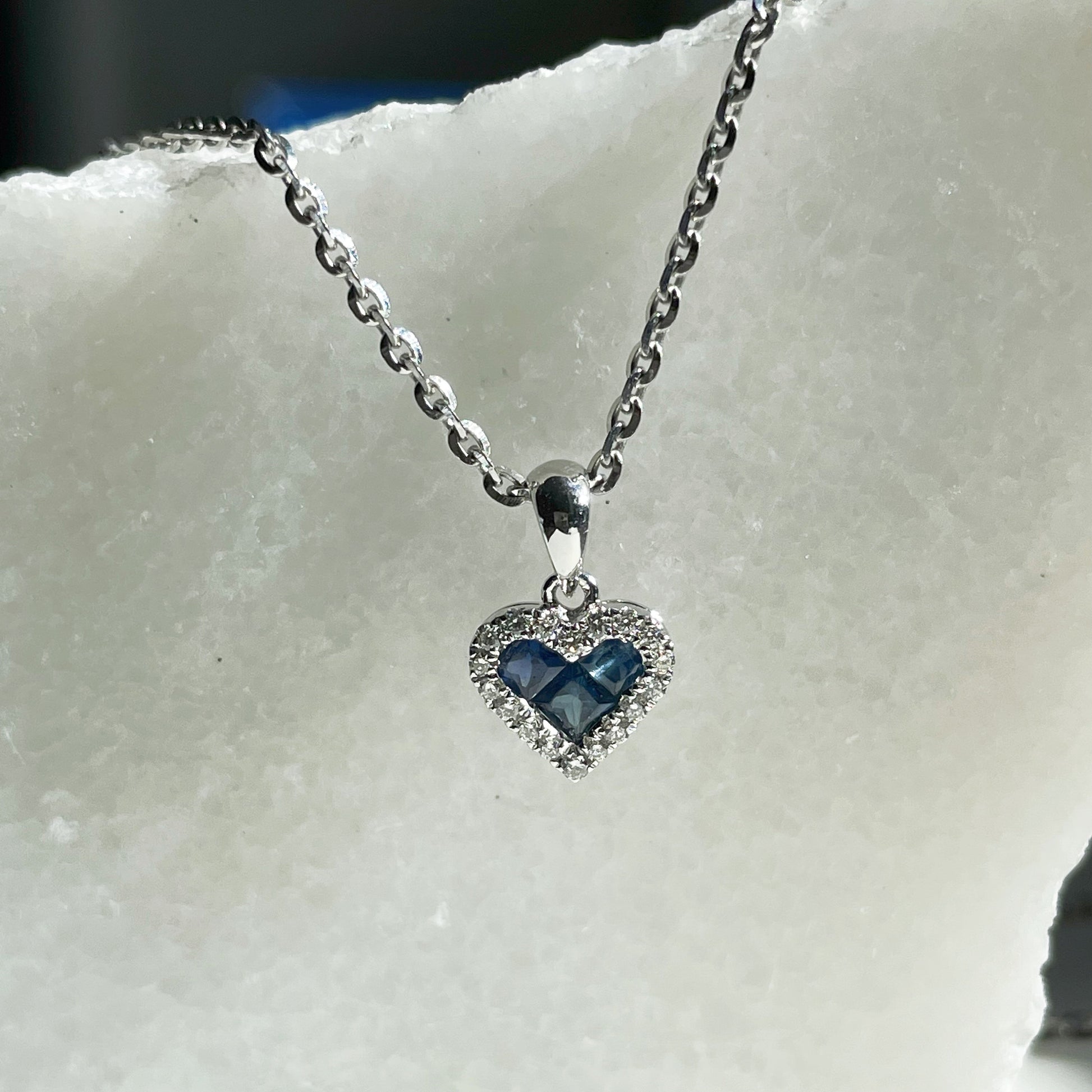 14K Solid Gold Sapphire and Diamond Heart Pendant