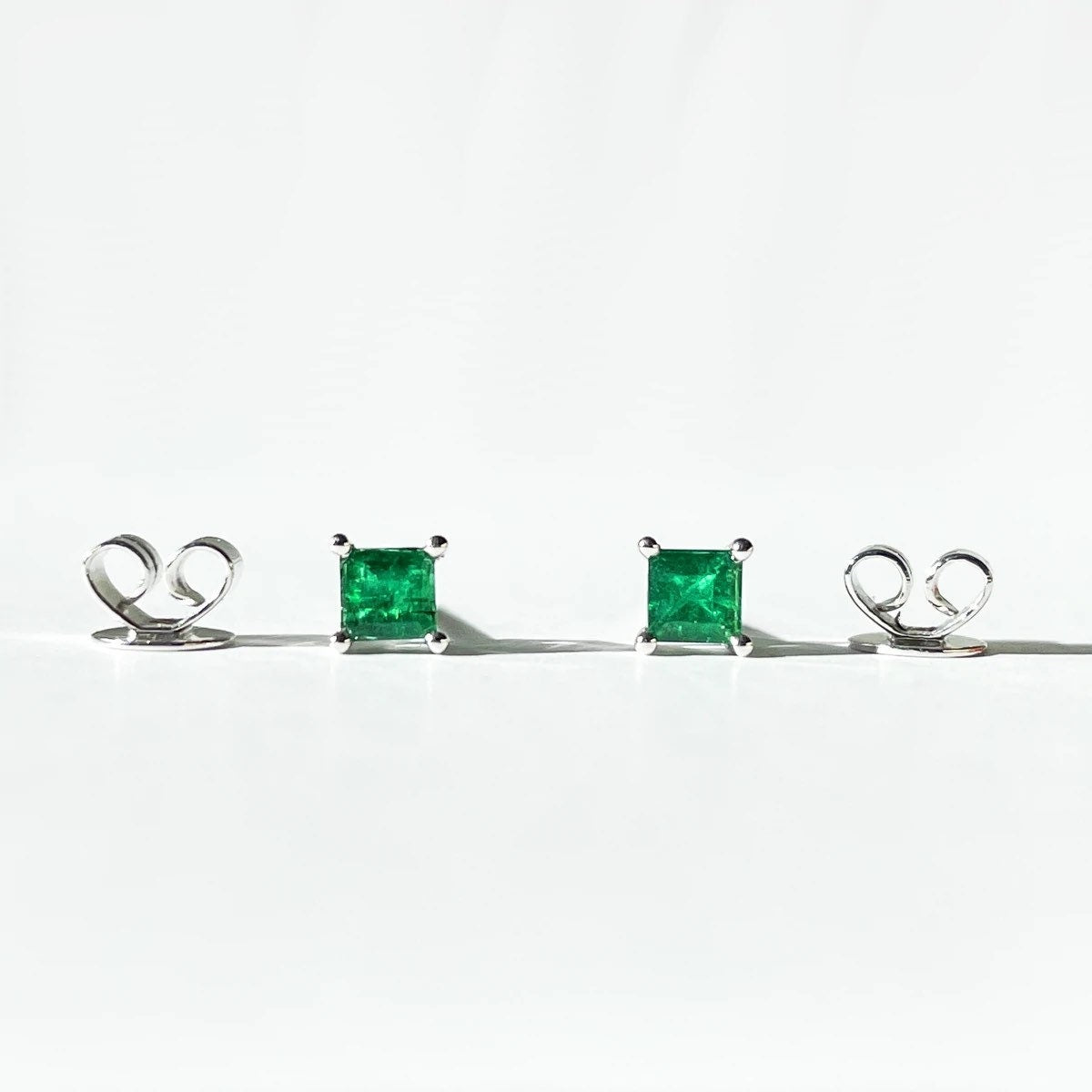 14K Solid Gold Genuine Emerald Square Studs