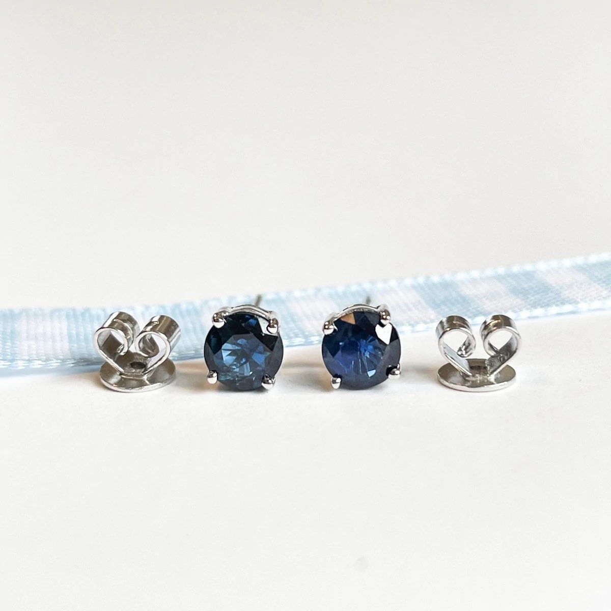 14K Solid Gold Genuine Round Sapphire Studs